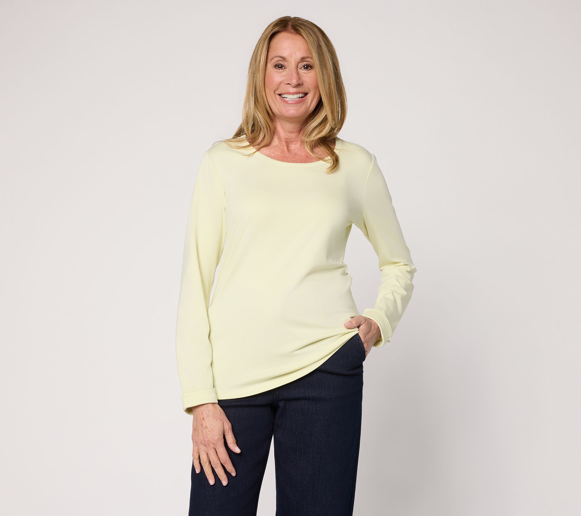 "As Is" Denim & Co. Essentials Favorite Jersey Scoop Neck Top w/ Cuff Detail