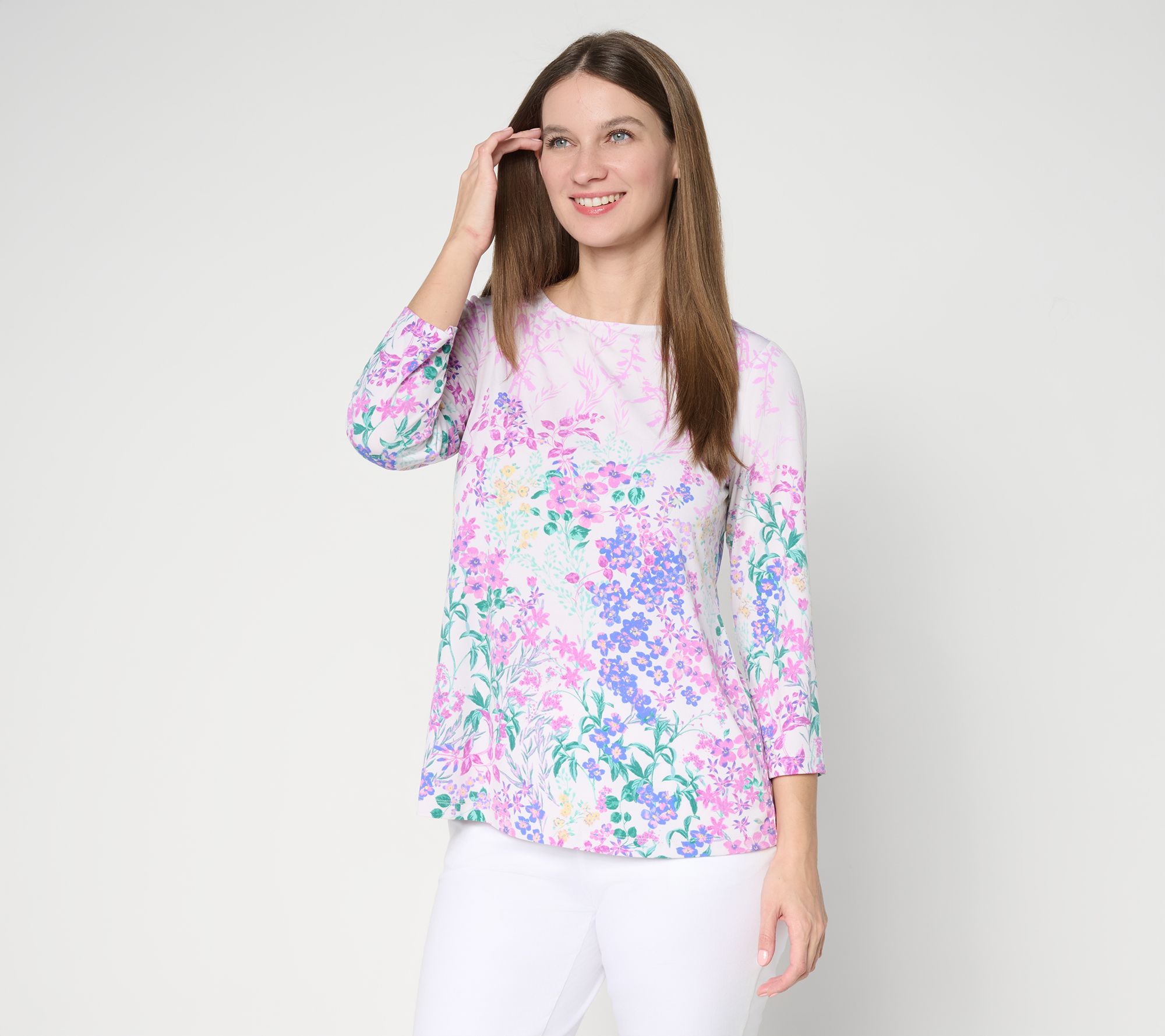 "As Is" Susan Graver Printed Liquid Knit 3/4 - Sleeve A-Line Top