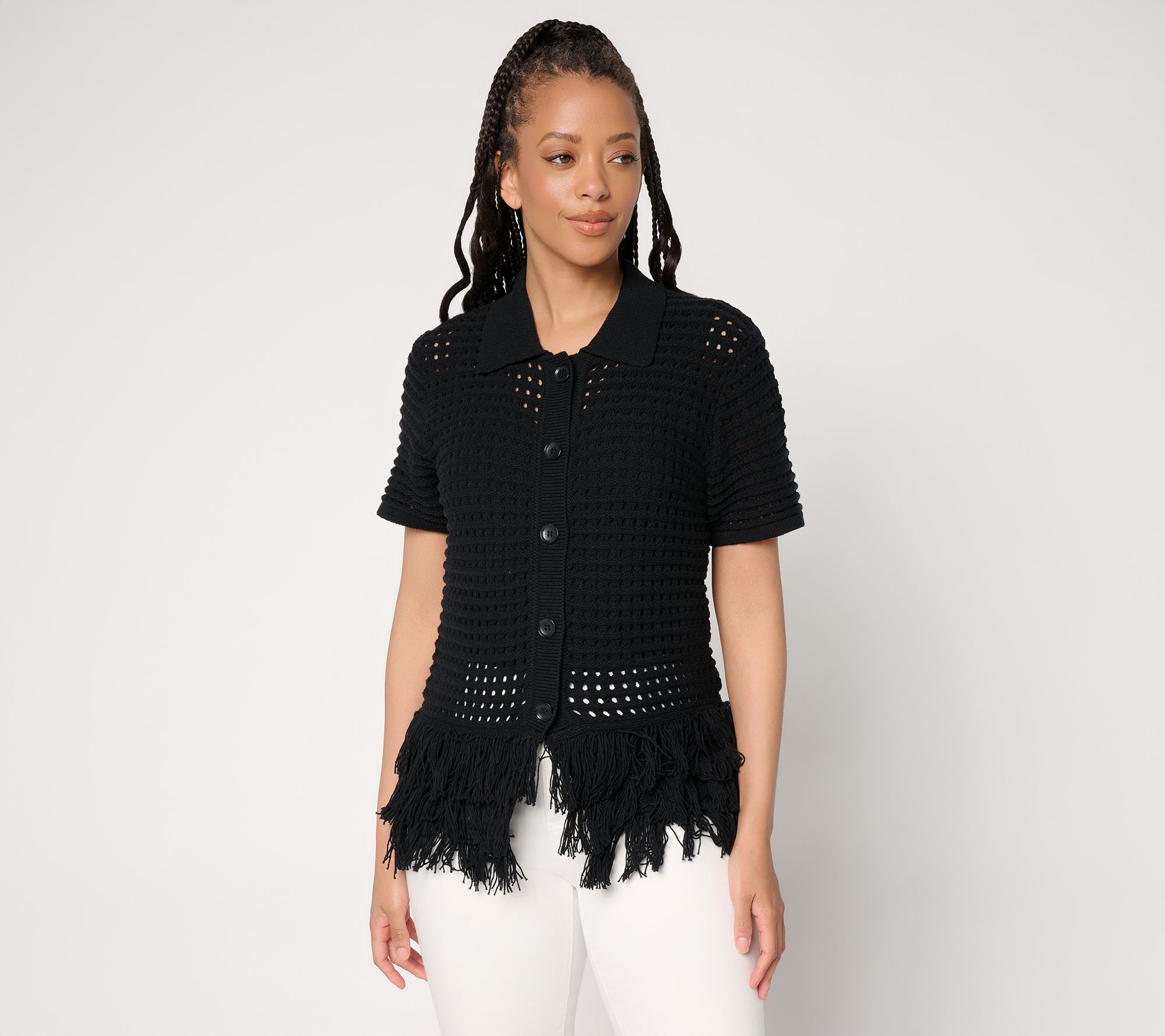 "As Is" Dennis Basso Short Sleeve Cardigan With Fringe Detail