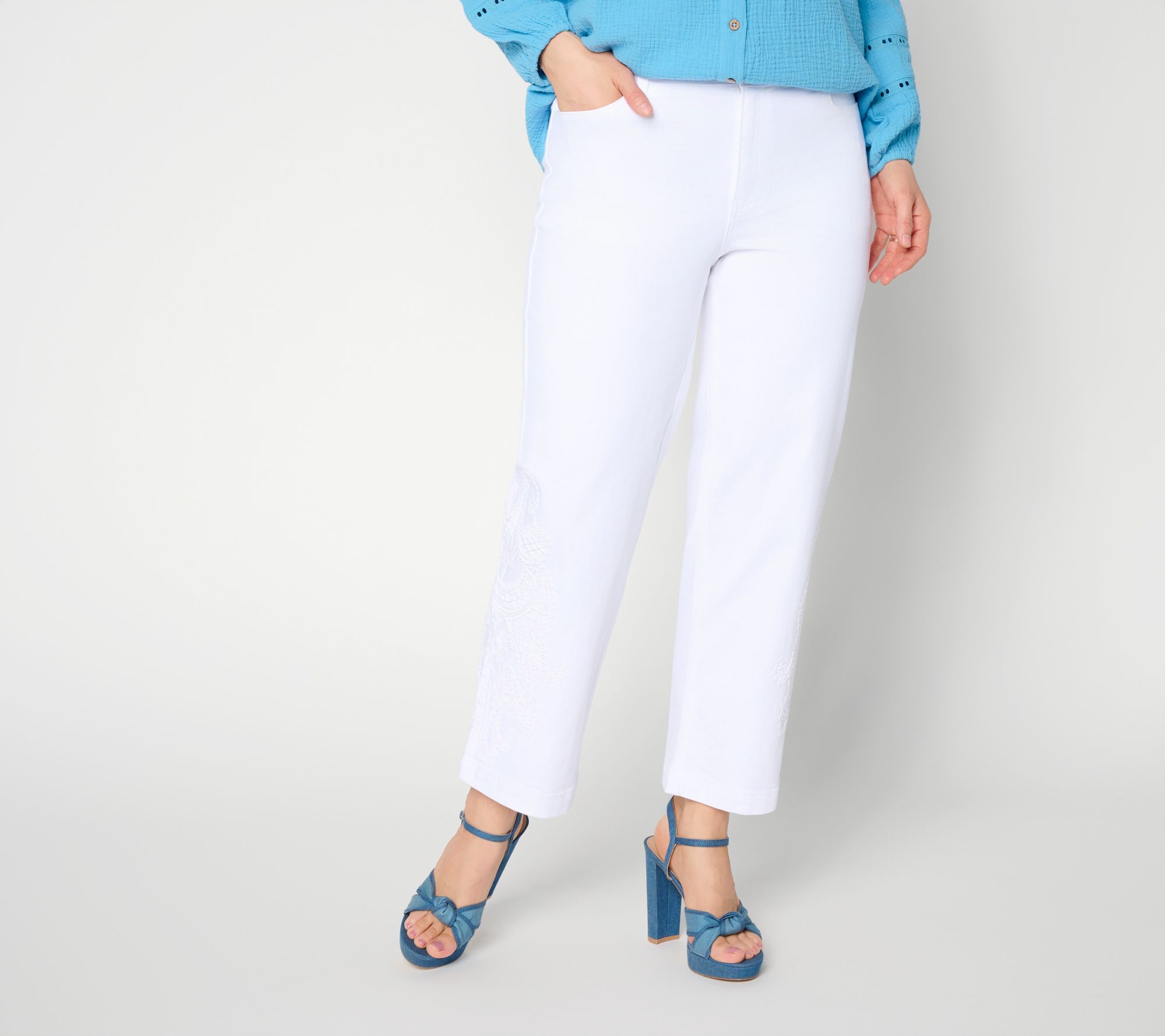 "As Is" Susan Graver Petite Stretch Denim Ankle Jean with Lace Detail