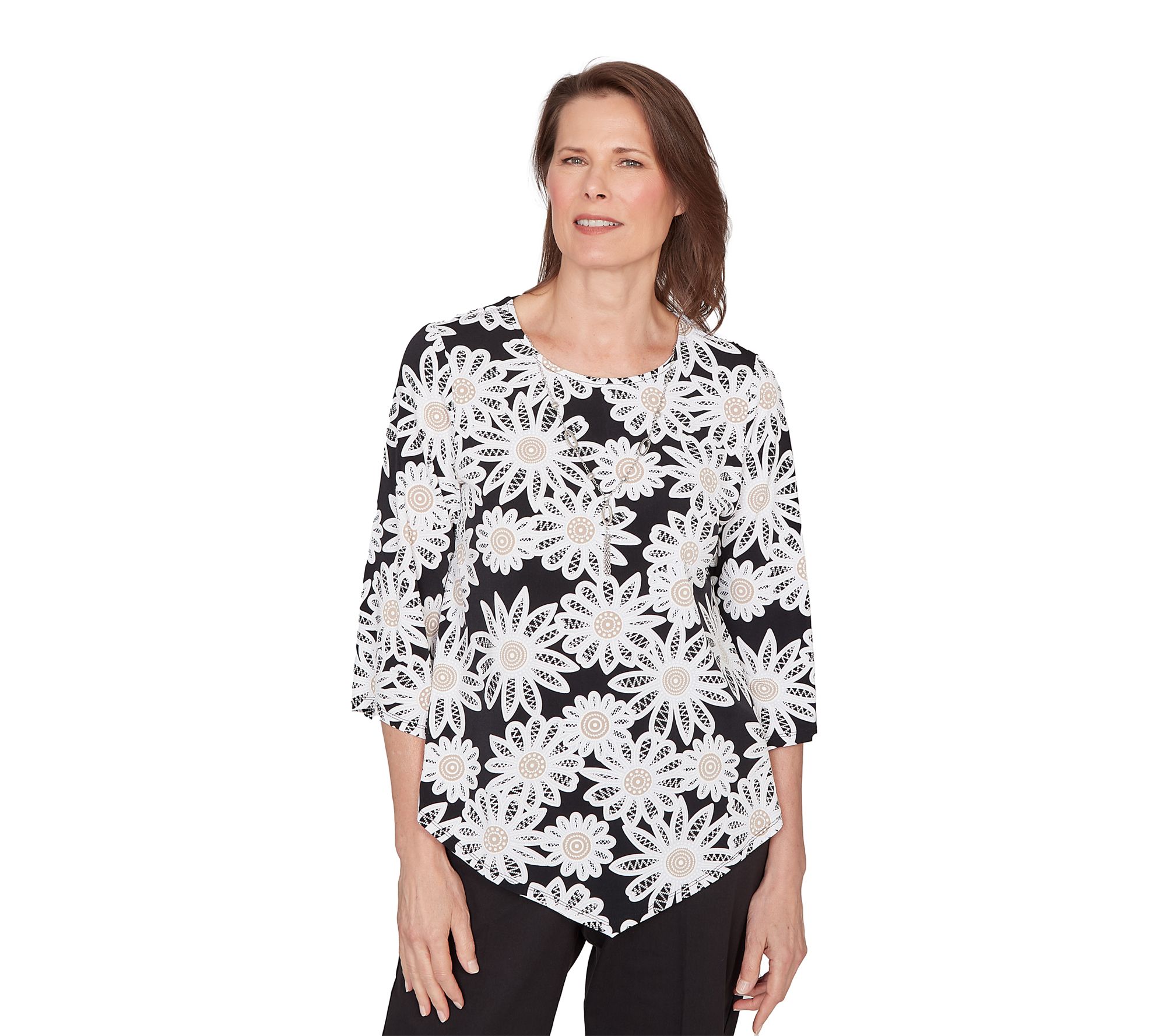 Alfred Dunner Petite Daisy Pointed Hem Top withNecklace