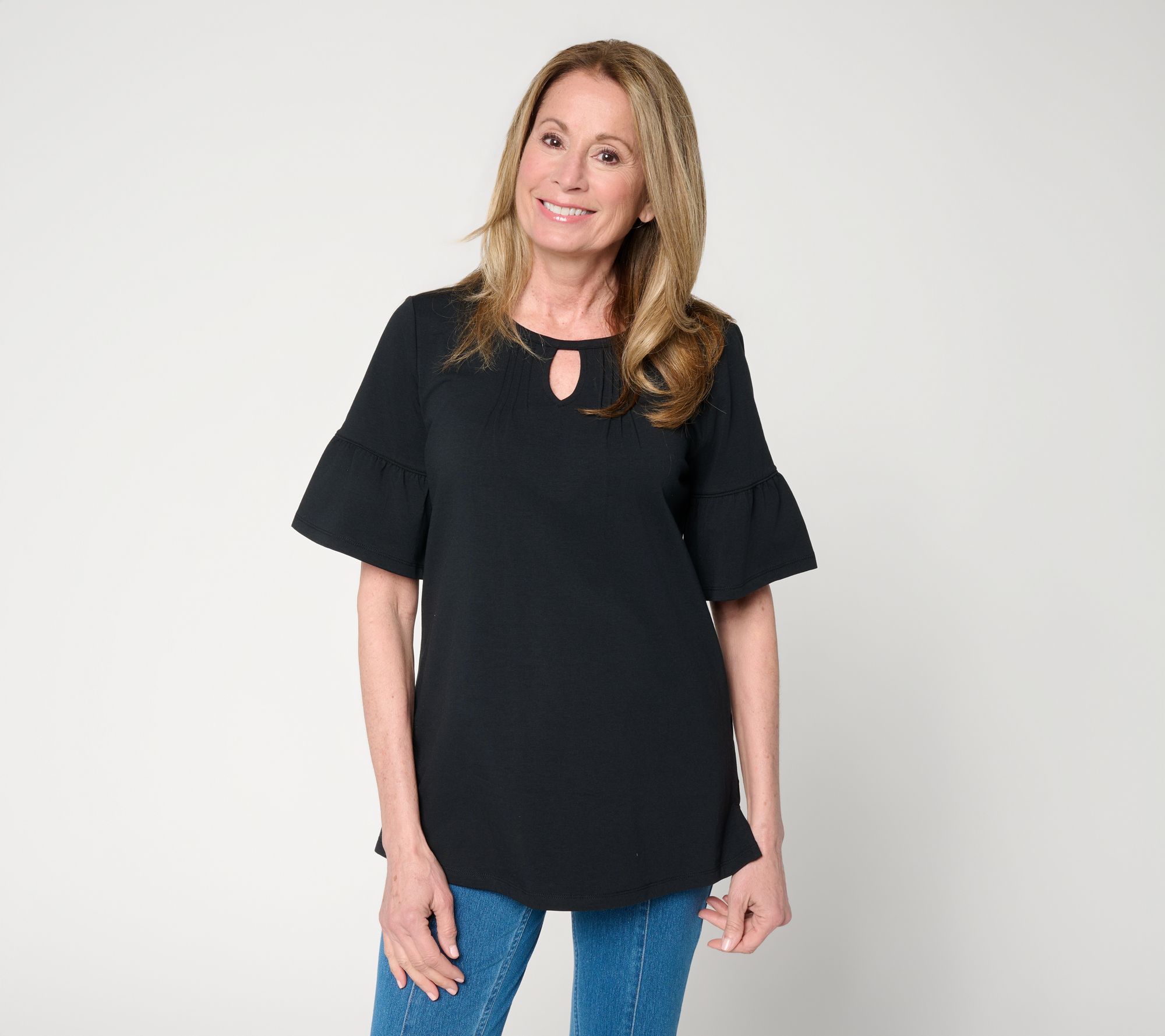 "As Is" Denim & Co. Petite Favorite Jersey Tunic with Ruffle Sleeves