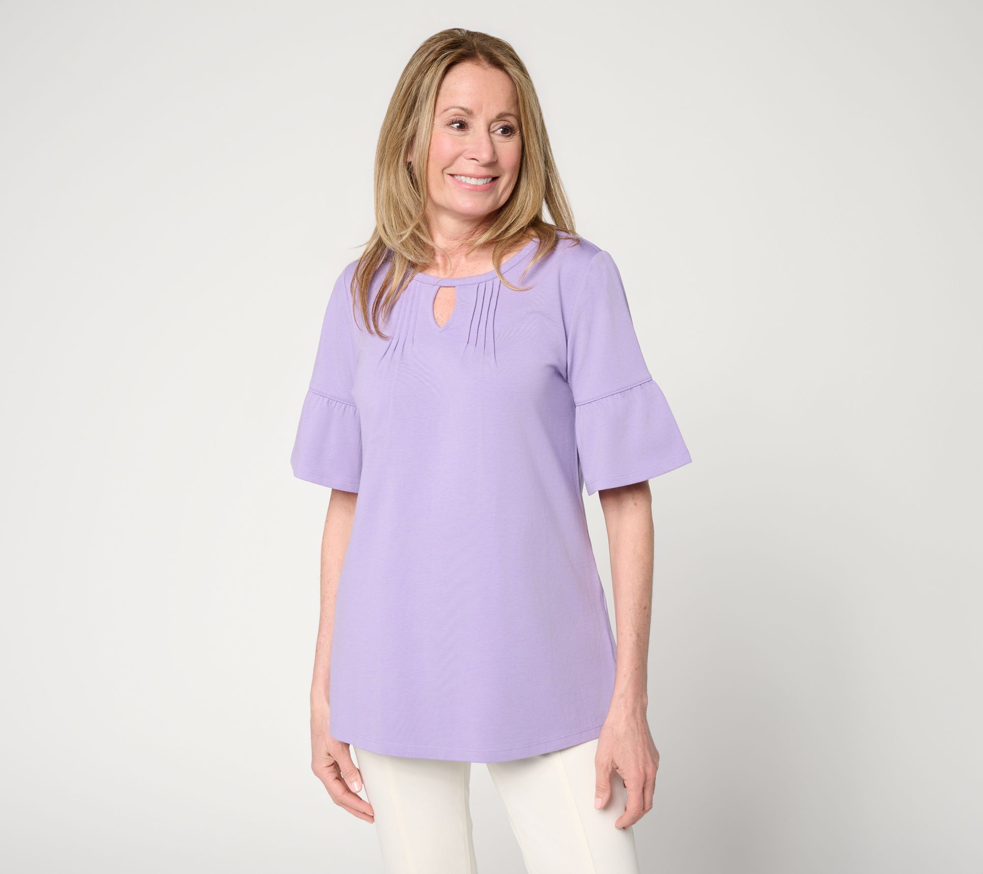 "As Is" Denim & Co. Petite Favorite Jersey Tunic with Ruffle Sleeves