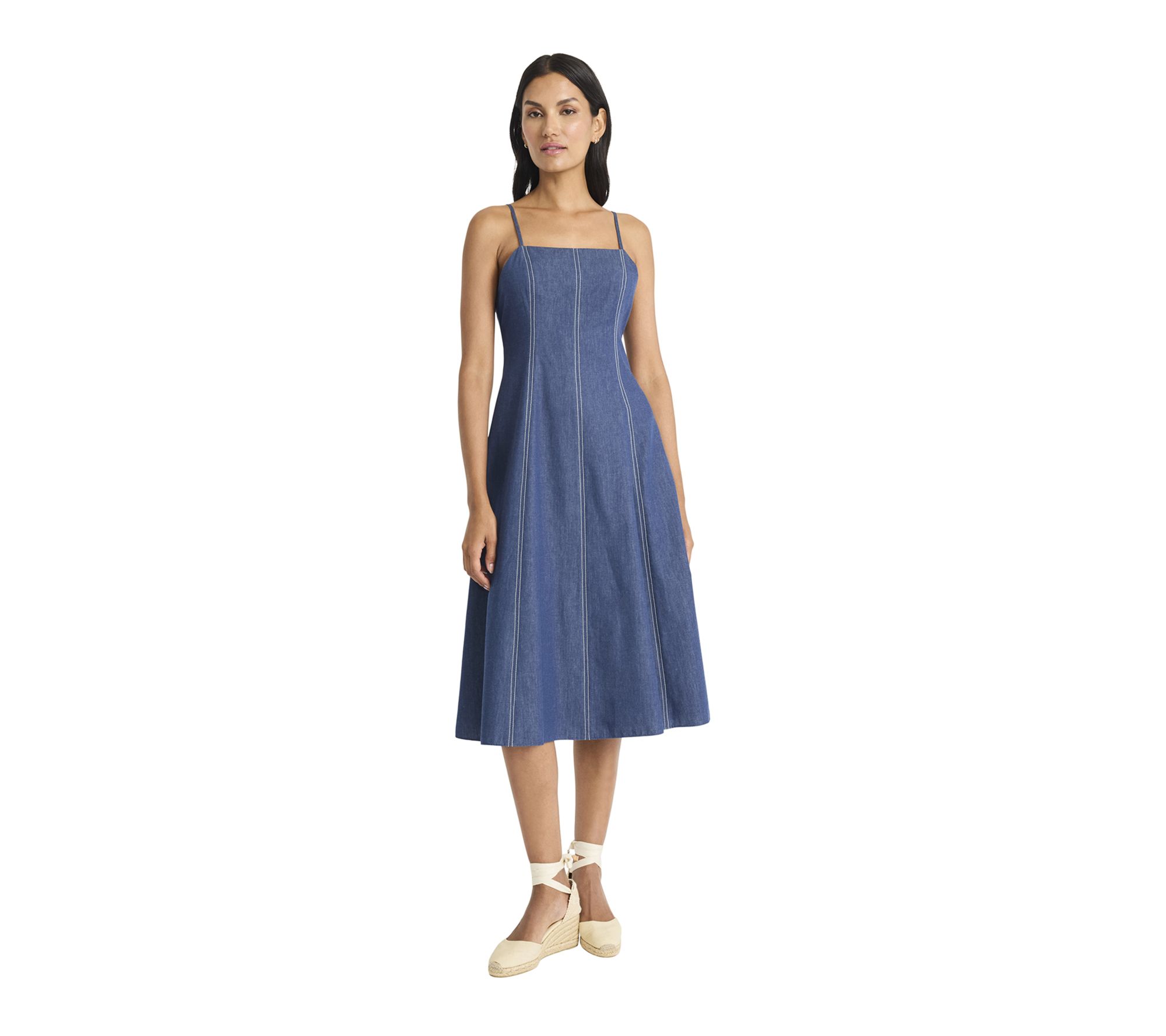 Maggy London Sleeveless Chambray Midi Dress W/Topstitching
