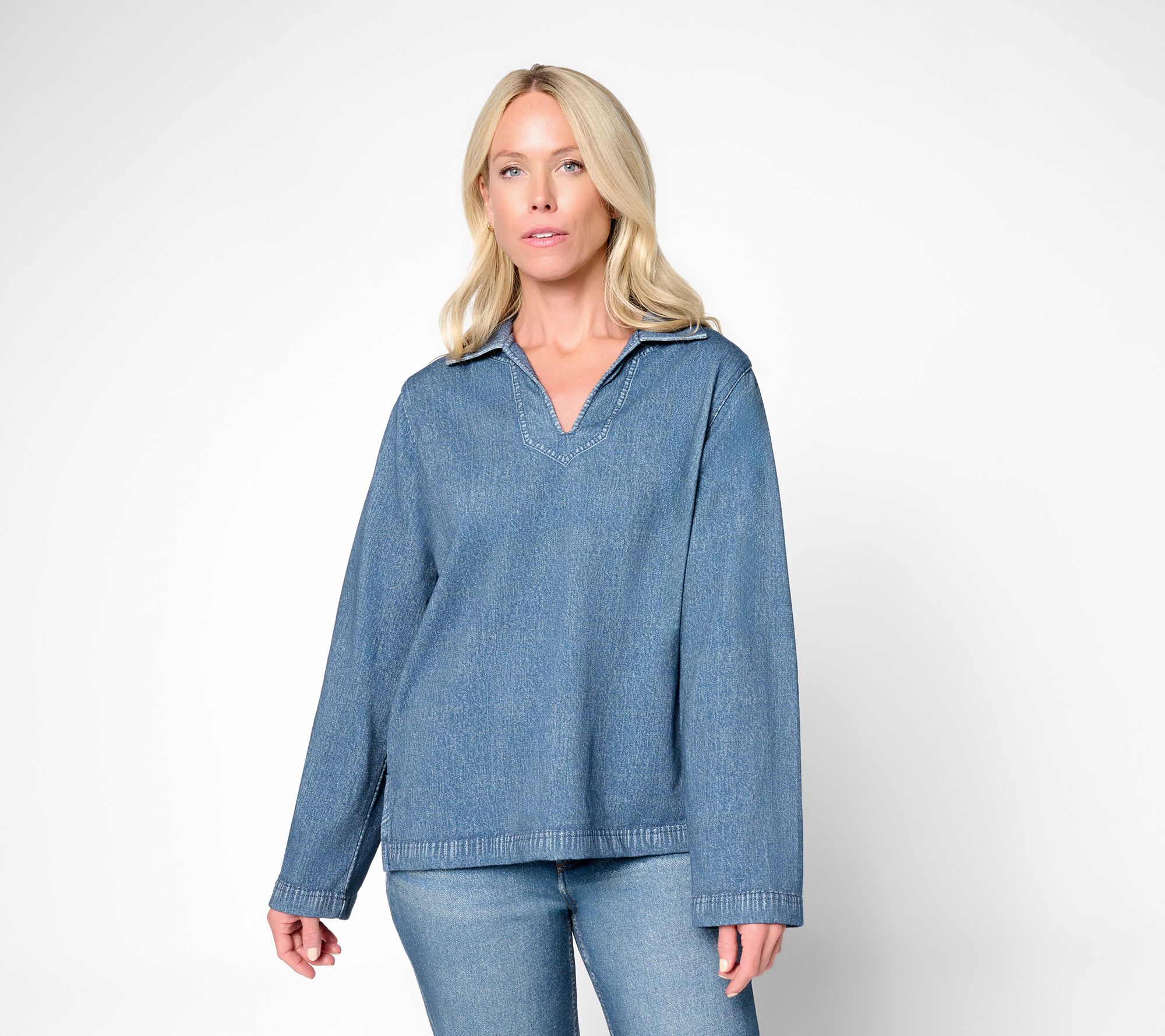 AnyBody Denim Effect Johnny Collar Knit Top