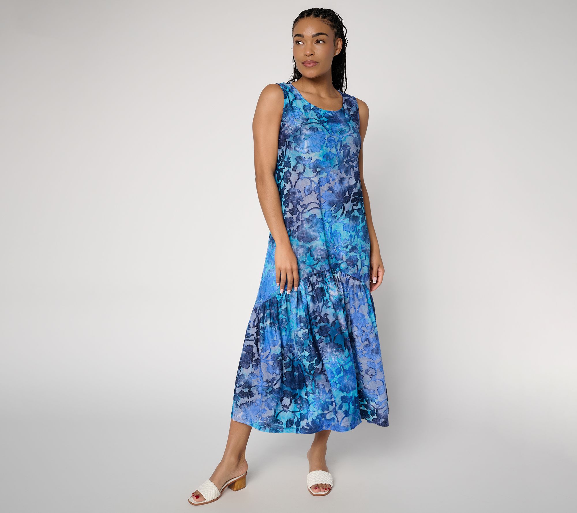 "As Is" Susan Graver Petite Printed Burnout Tiered Slvless Maxi Dress