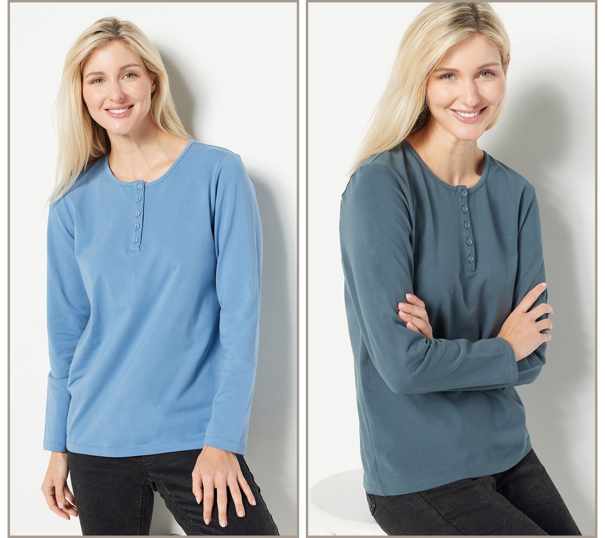 "As Is" Denim & Co. Set of 2 Long Sleeve Stretch Henleys