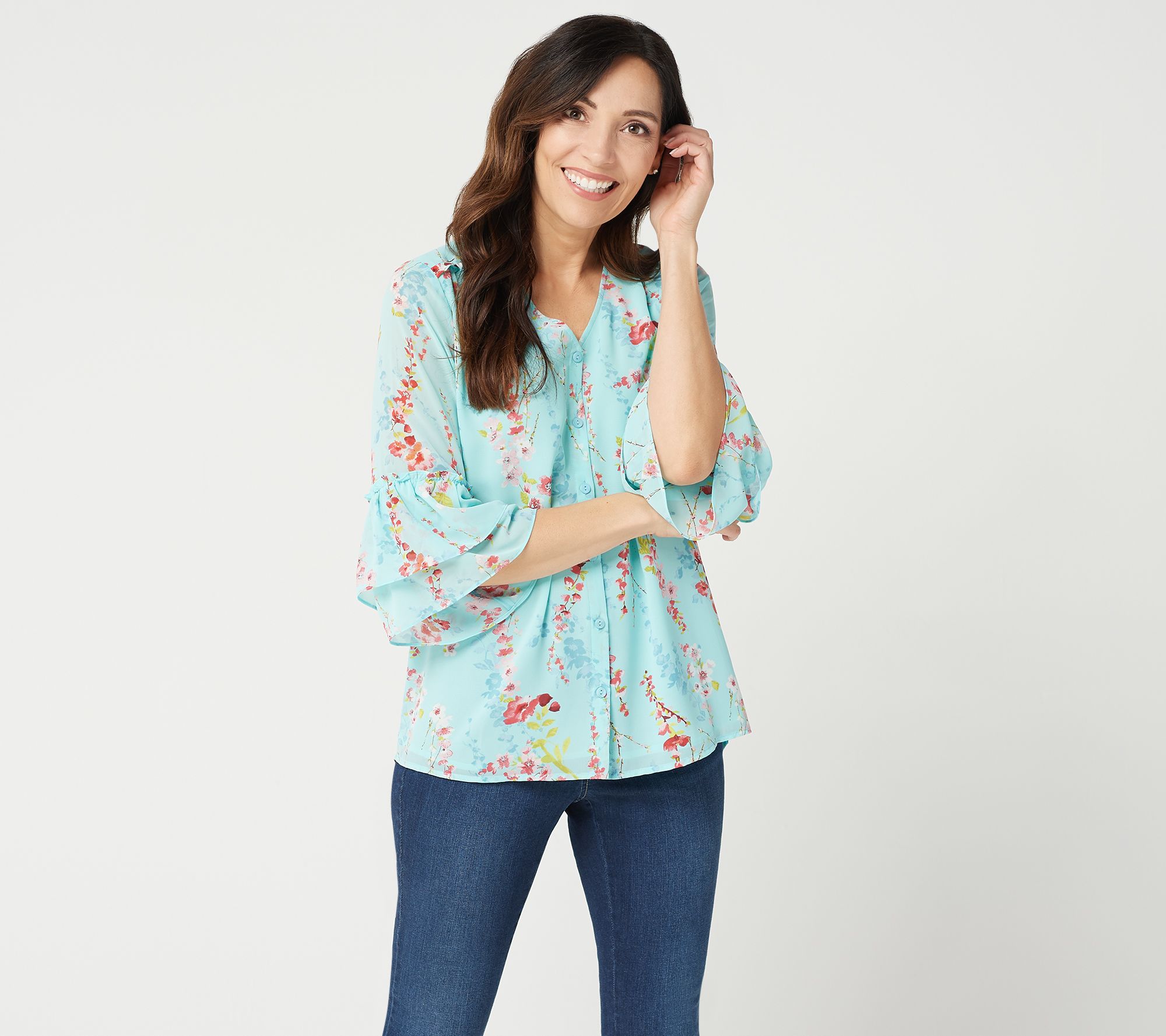Belle by Kim Gravel Floral Print Blouse with Flutter Sleeves - QVC.com