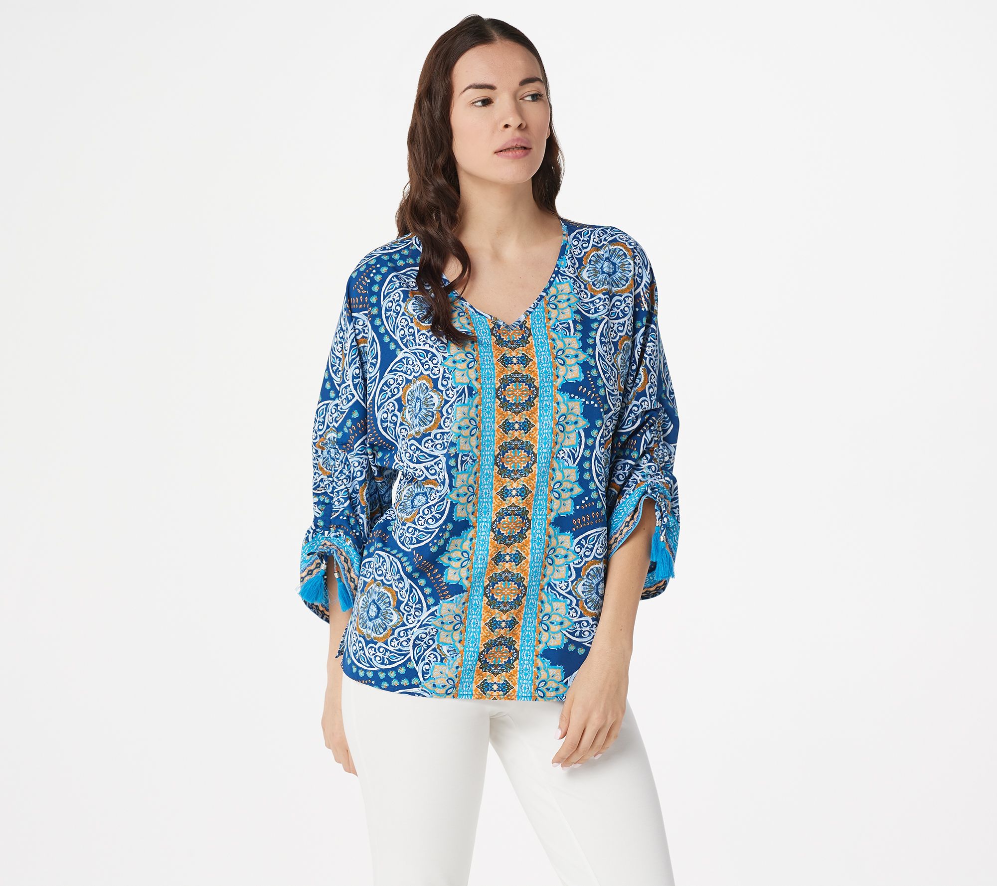 Belle by Kim Gravel Medallion Ruched-Sleeve Blouse - Page 1 — QVC.com