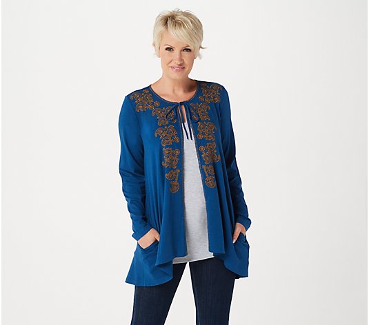 LOGO by Lori Goldstein Cotton Modal Cardigan with Embroidery