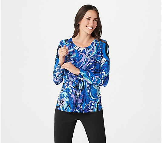 Susan Graver Printed Liquid Knit Top with Tied Chiffon Overlay