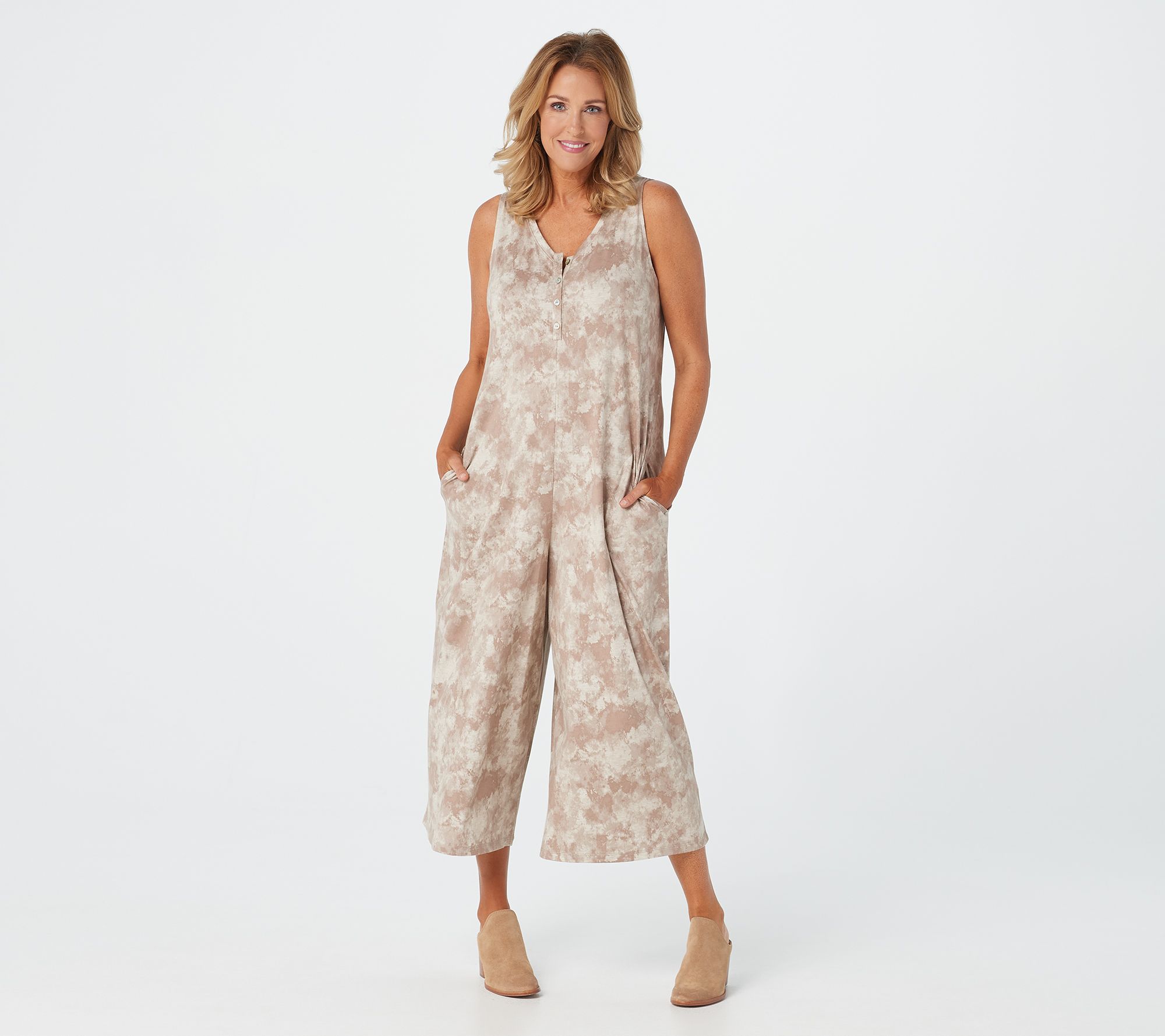 "As Is" LOGO by Lori Goldstein Printed Wide Leg Henley Jumpsuit