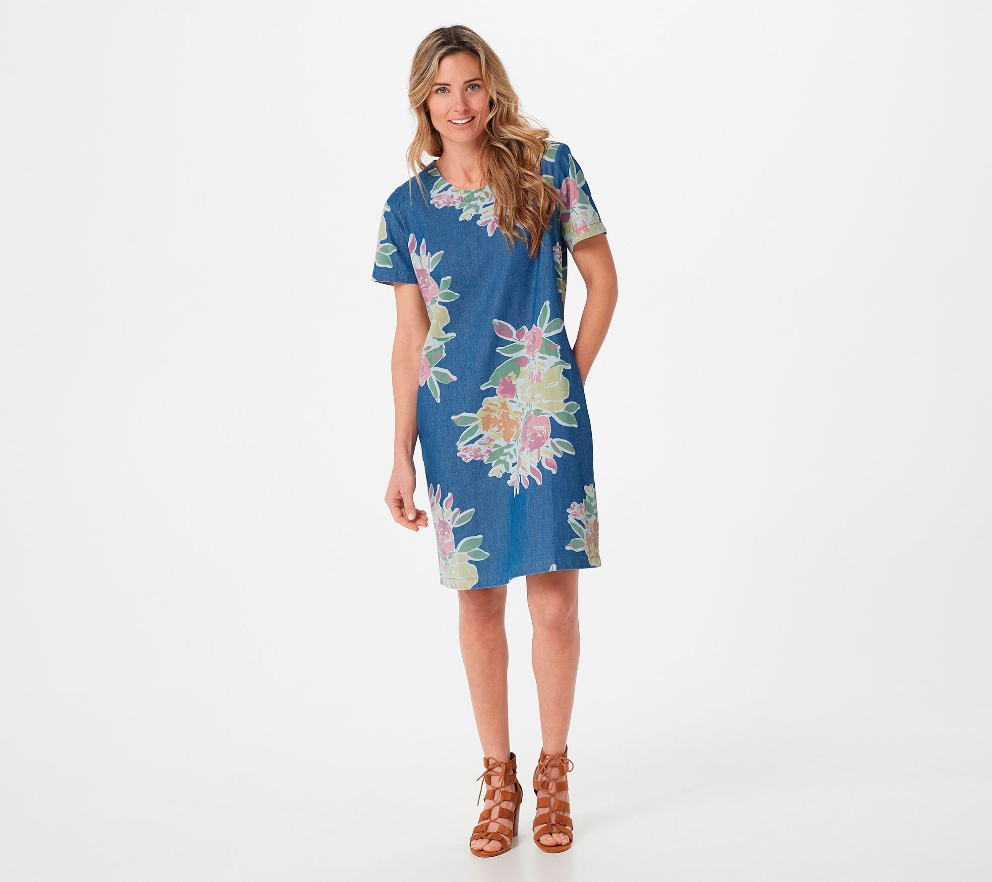 qvc denim and company dresses & Co. Printed Stretch Denim Short-Sleeve Shift Dress this knit dress is ready for it all Denim & Co. - Blue