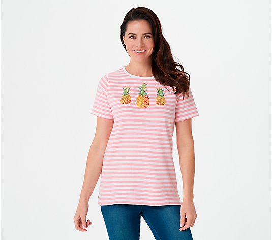 Quacker Factory Striped Top with Summer Fun Embroidered Motifs