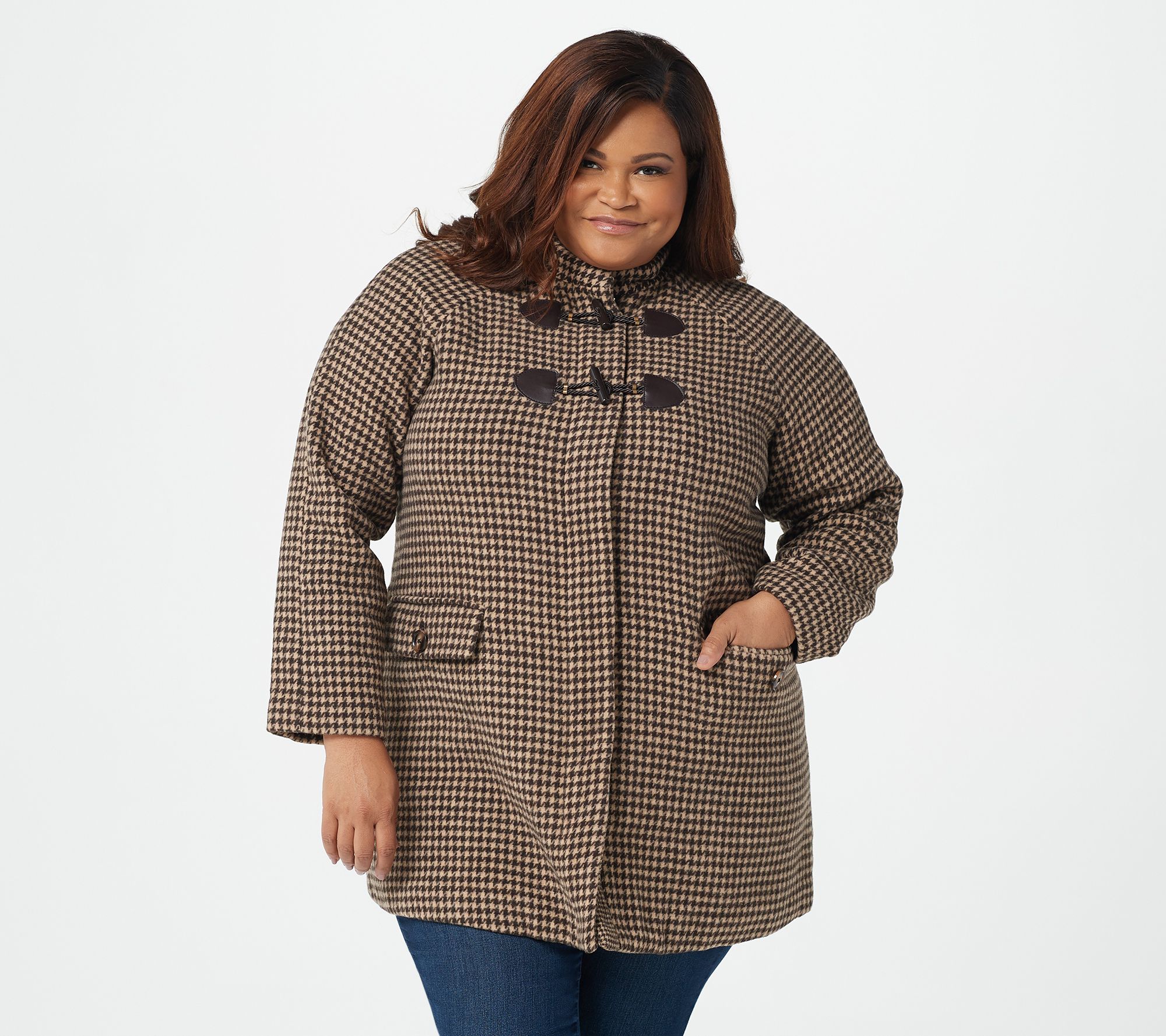 Leather Accent Houndstooth Coat - Luxury Brown