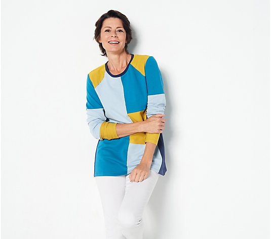 LOGO Lounge by Lori Goldstein French Terry Patchwork Top Pullover