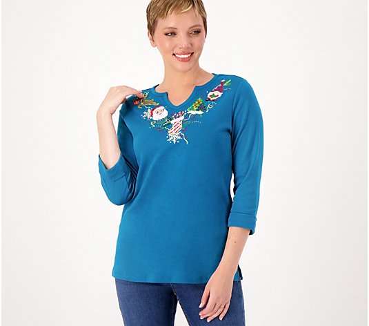 Quacker Factory Embroidered Holiday Split-V 3/4-Sleeve Top