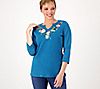 Quacker Factory Embroidered Holiday Split-V 3/4-Sleeve Top