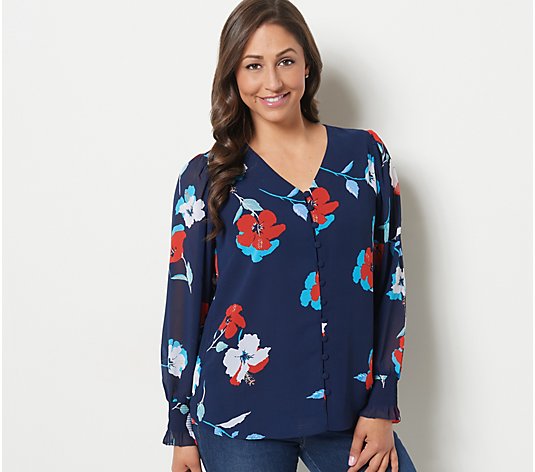 Belle by Kim Gravel Button-Front Blouse with Ruched Sleeves