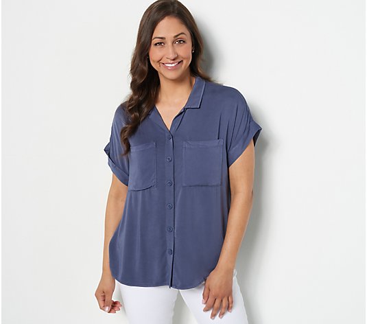 Side Stitch Slouchy Short-Sleeve Button Down Shirt