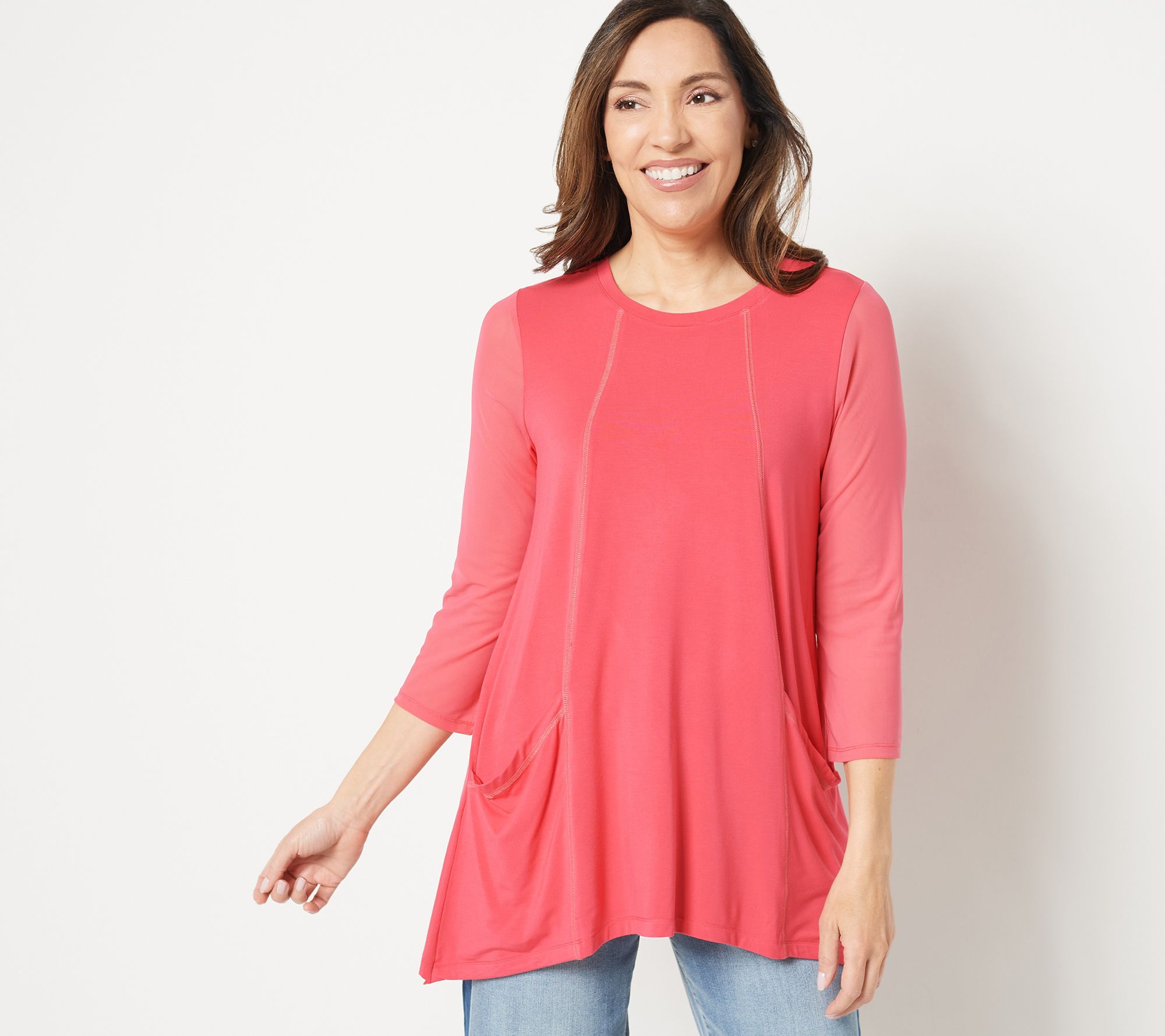 LOGO by Lori Goldstein Rayon 230 Top with Mesh Sleeves - QVC.com