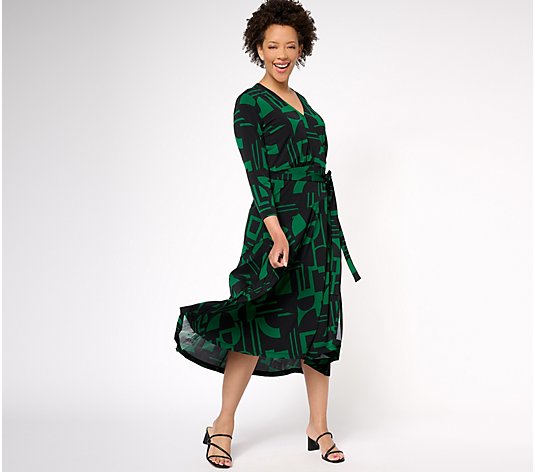 Susan Graver Petite Printed Liquid Knit 3/4 Sleeve Wrap Dress