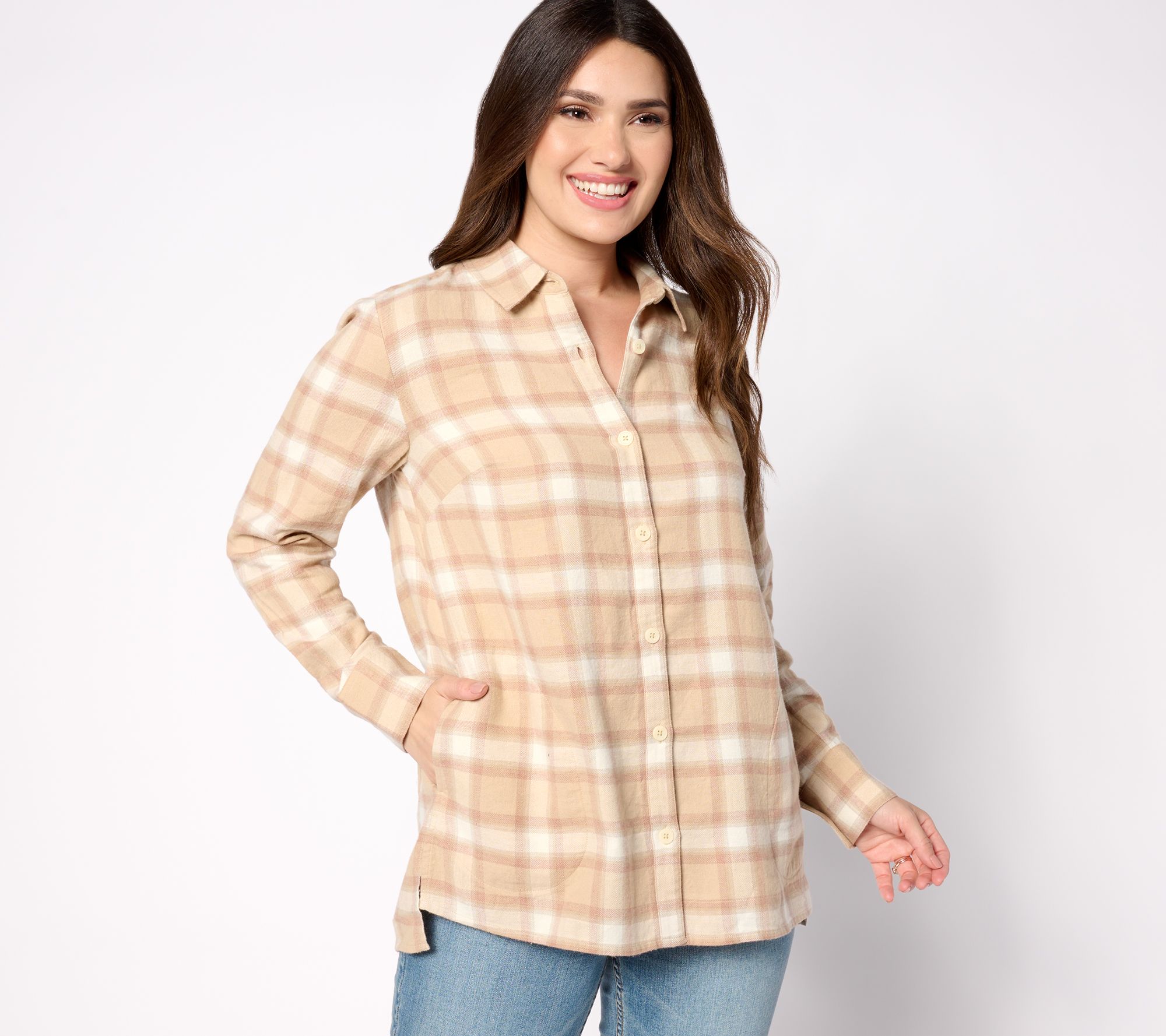 Denim & Co. Petite Heritage Plaid Button Front Tunic