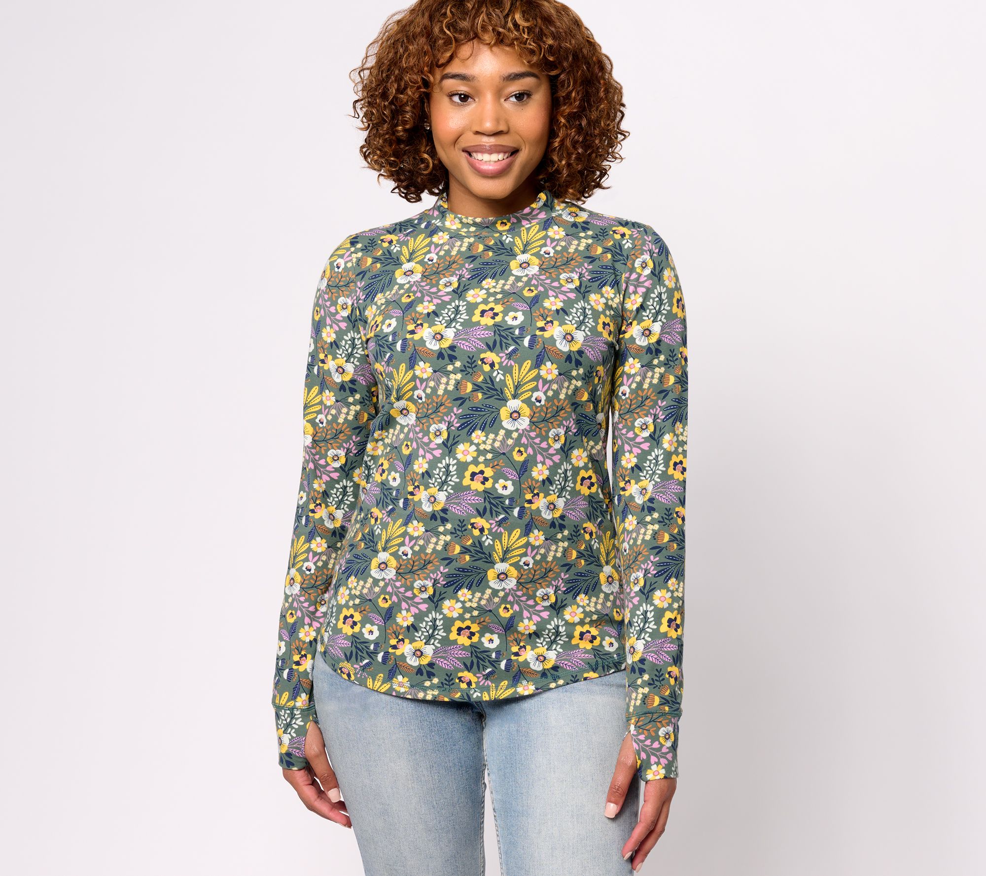 Denim & Co. Active Printed Jersey Mock Neck L/S Top with Curved Hem