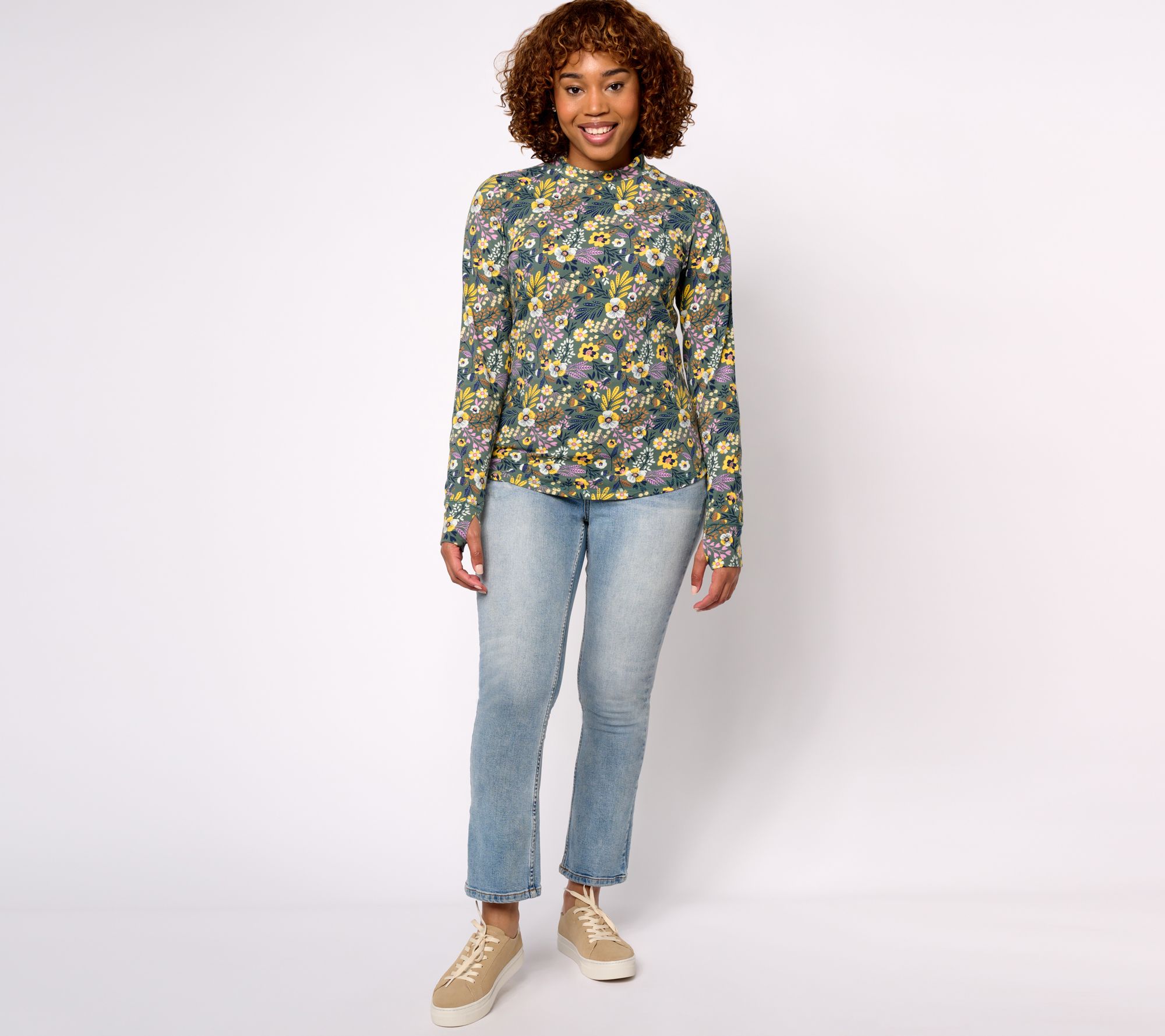 Denim & Co. Active Printed Jersey Mock Neck L/S Top with