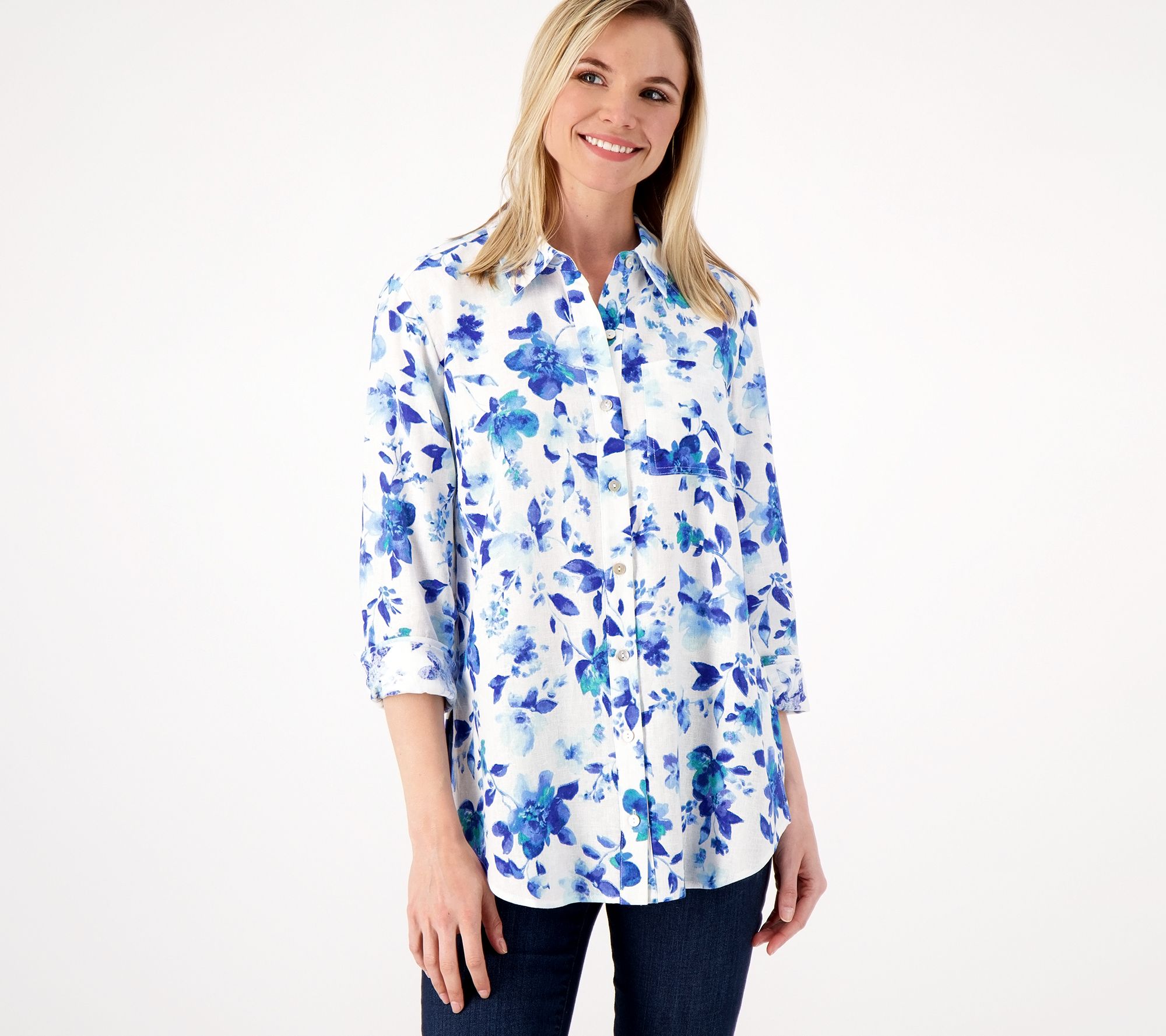 "As Is" Susan Graver Petite Pure Linen Blend Button Front Shirt