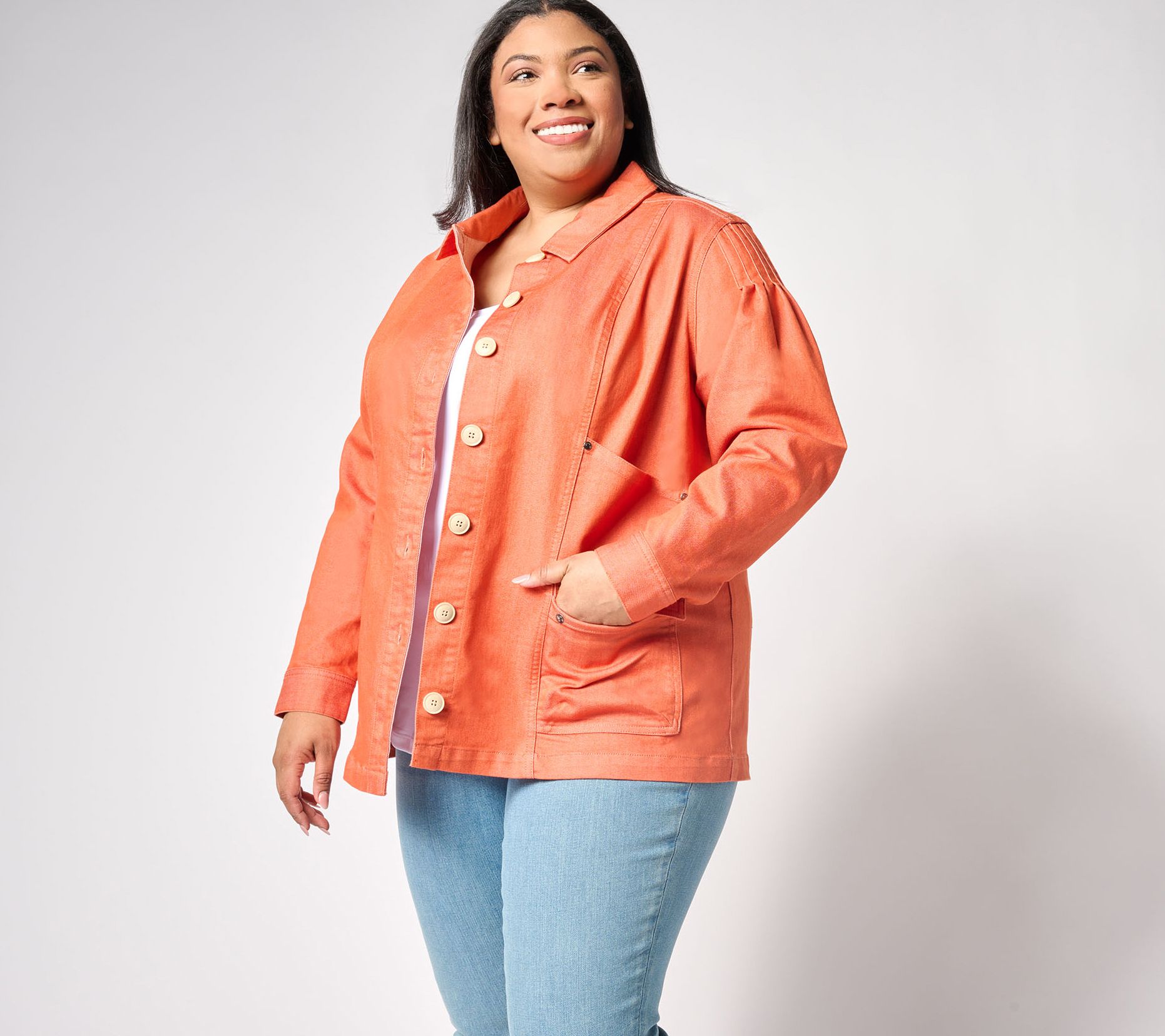 AnyBody Petite Stretch Twill Utility Jacket with Pockets