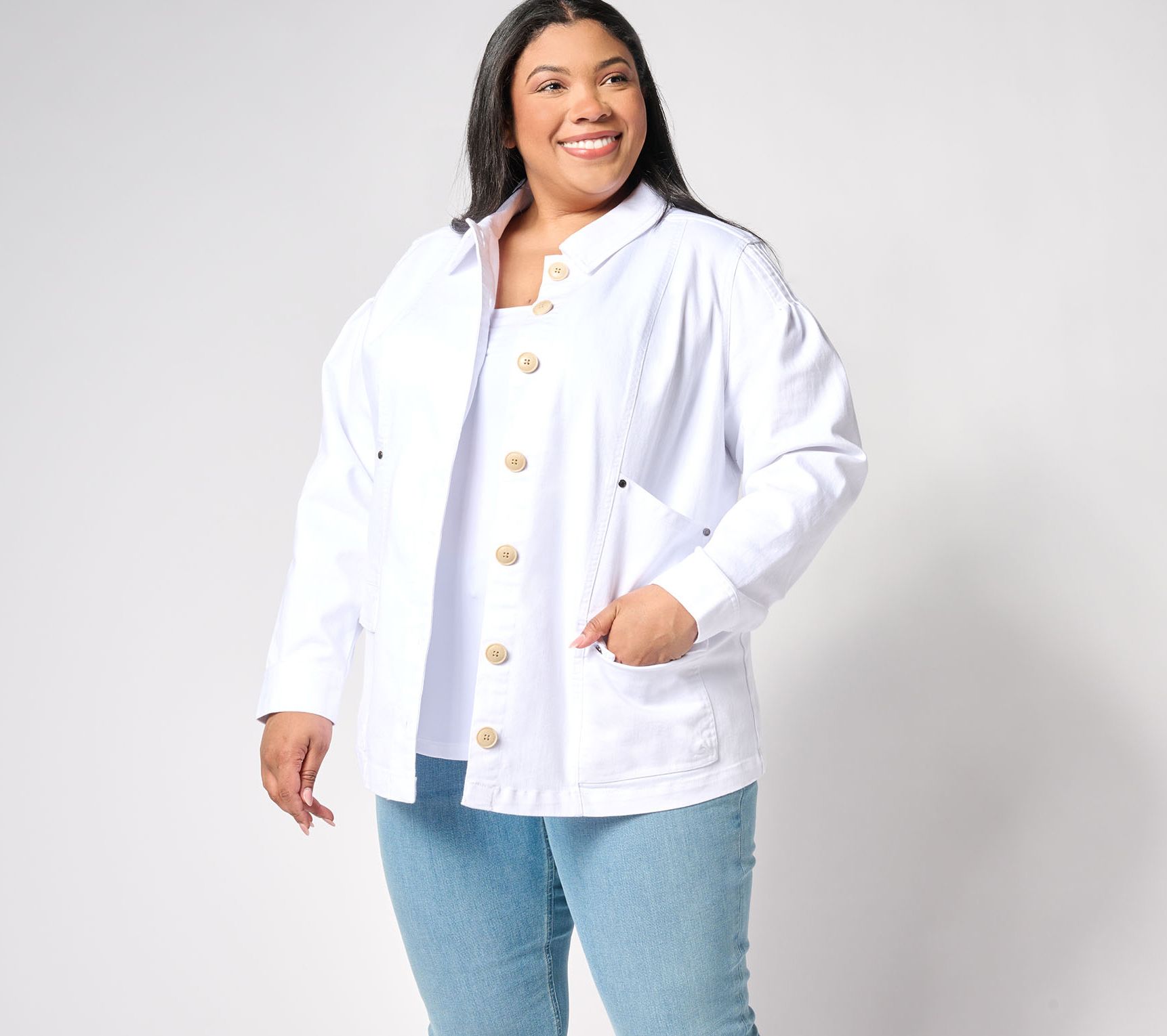 AnyBody Petite Stretch Twill Utility Jacket with Pockets