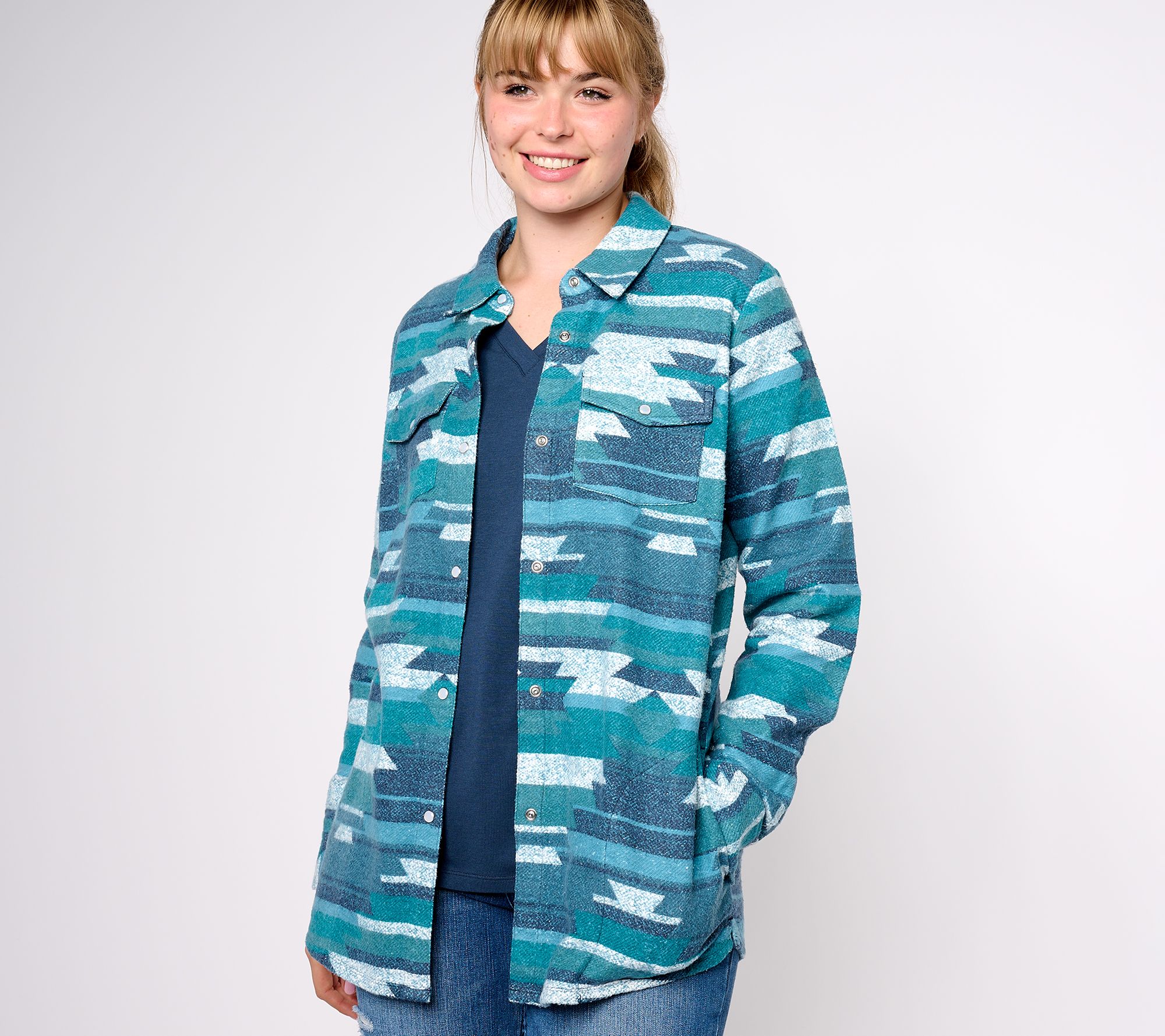 "As Is" Canyon Retreat Petite Jacquard Snap Front Shacket