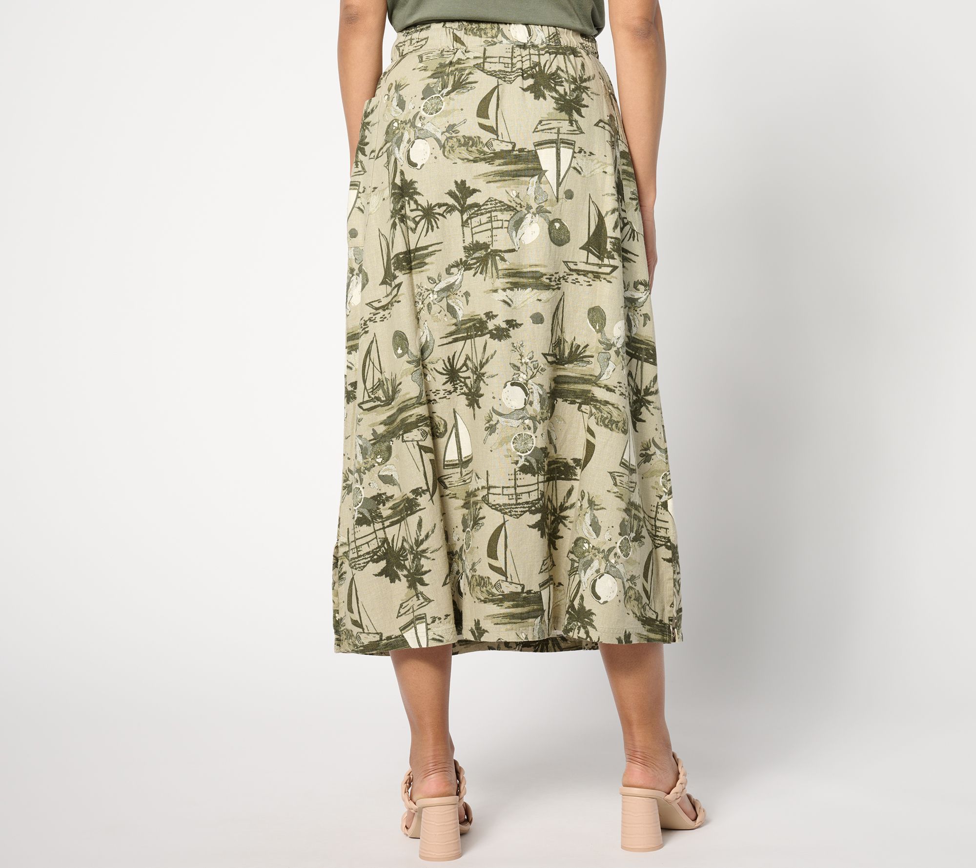 Denim & Co. Naturals Regular Printed Linen Blend Midi Skirt - QVC.com