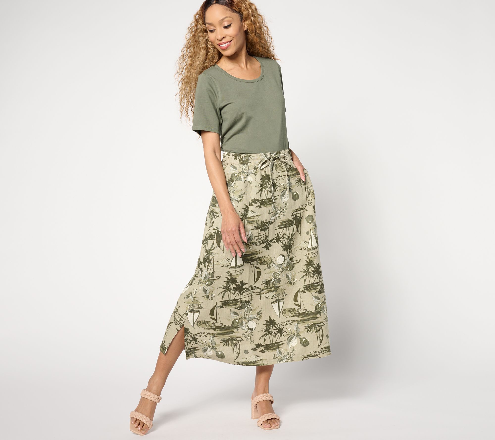 Denim & Co. Naturals Regular Printed Linen Blend Midi Skirt