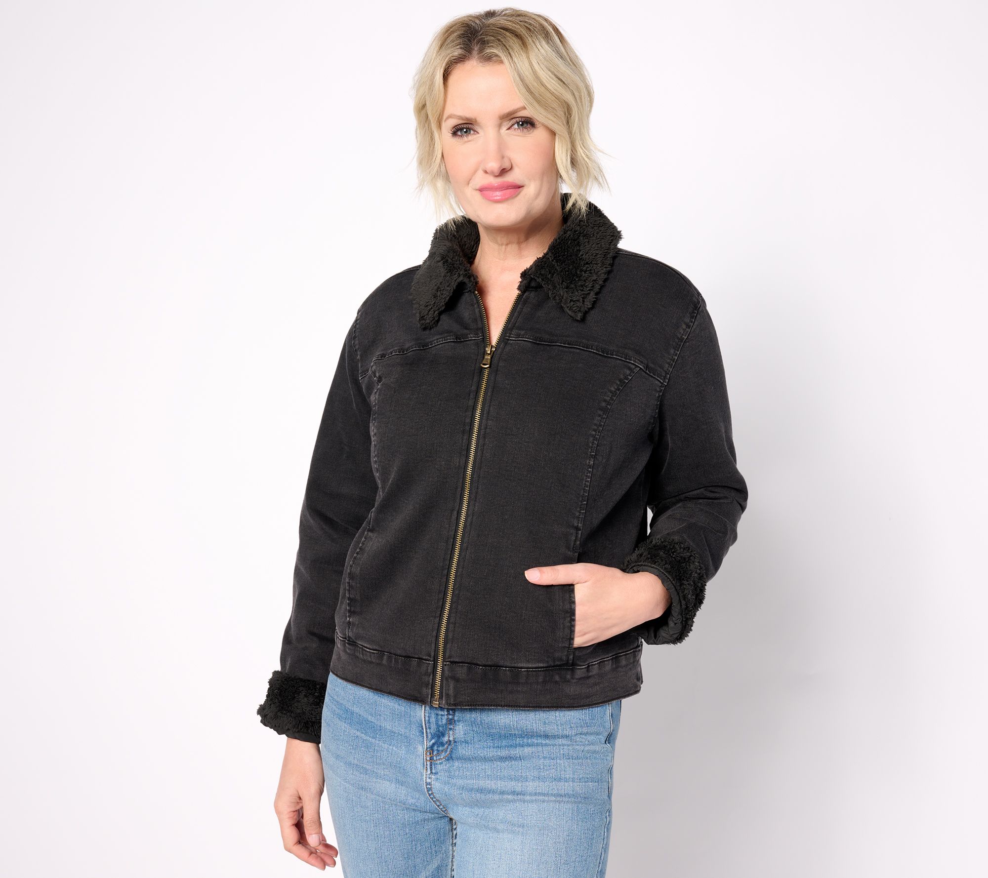 "As Is" Isaac Mizrahi Live! Black Denim Jacket w/ Faux Shearling
