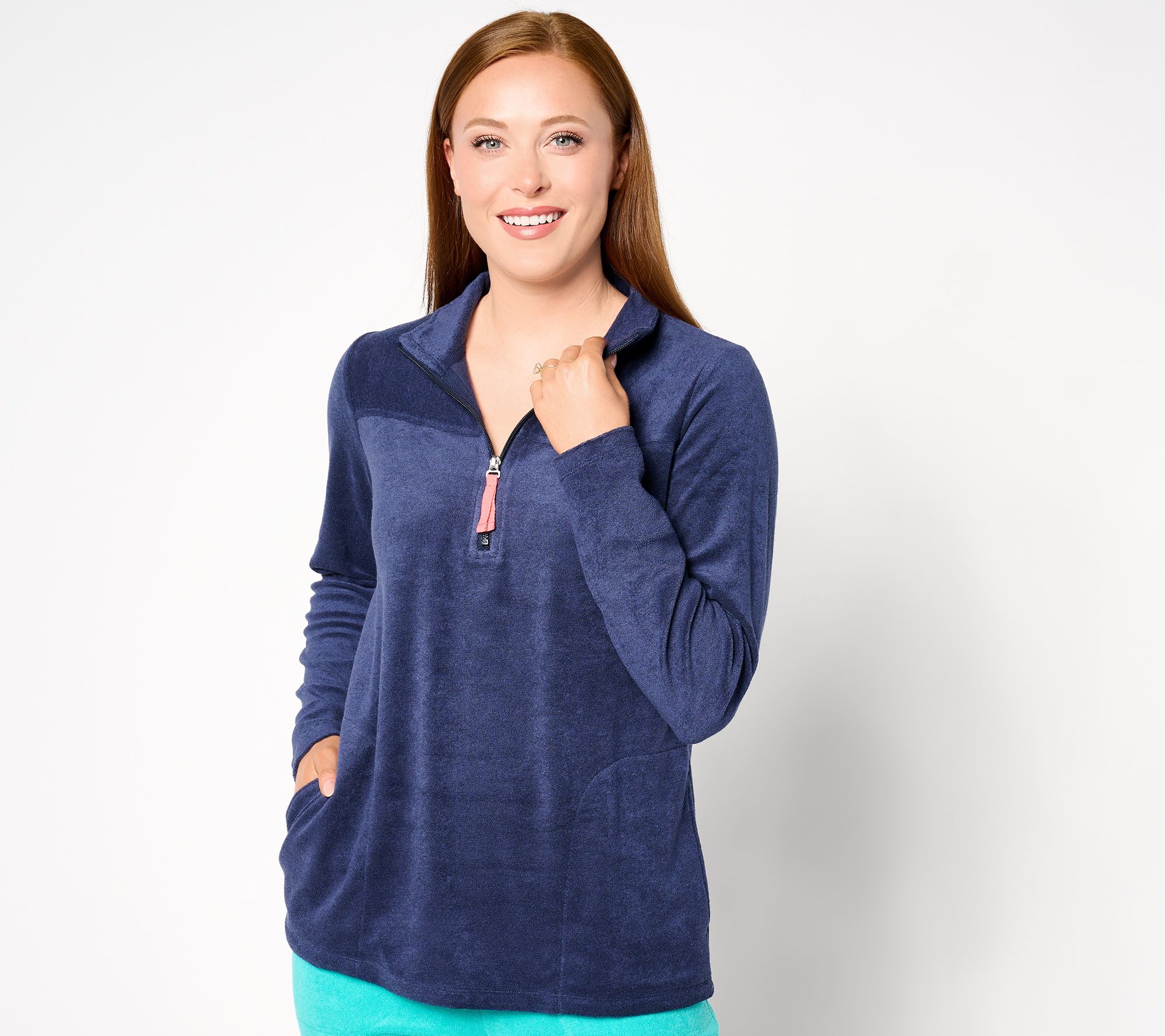 Denim & Co. Beach Striped Knit Terry Quarter Zip Pullover