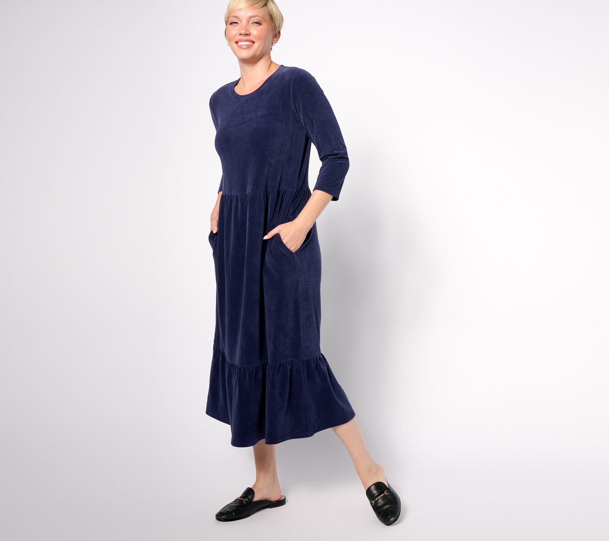 "As Is" Denim & Co. Petite Heritage Velour Knit Midi Dress