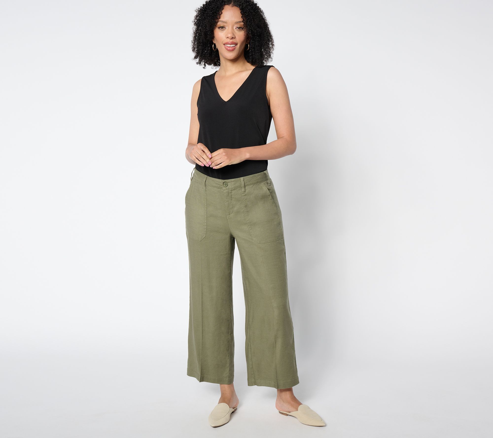 【INCHANT ME】724 Peach Adjust Cargo Wide Pants NYDJ Wide Leg Stretch Linen Cropped Cargo - Avocado - QVC.com