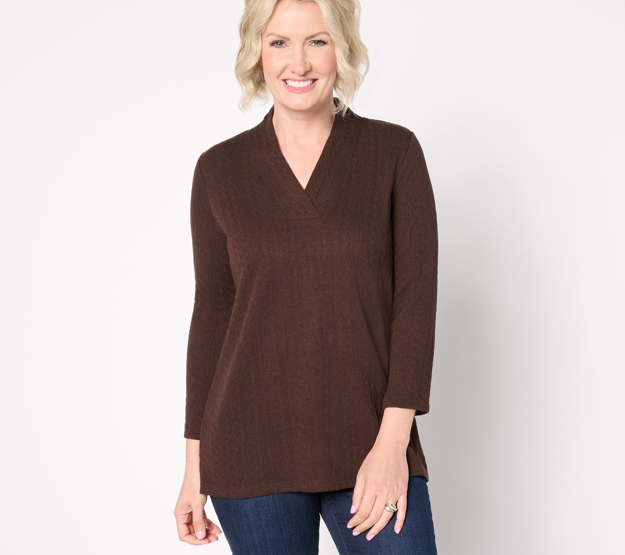 Belle by Kim Gravel Textured Cable Crossover V Neck Top