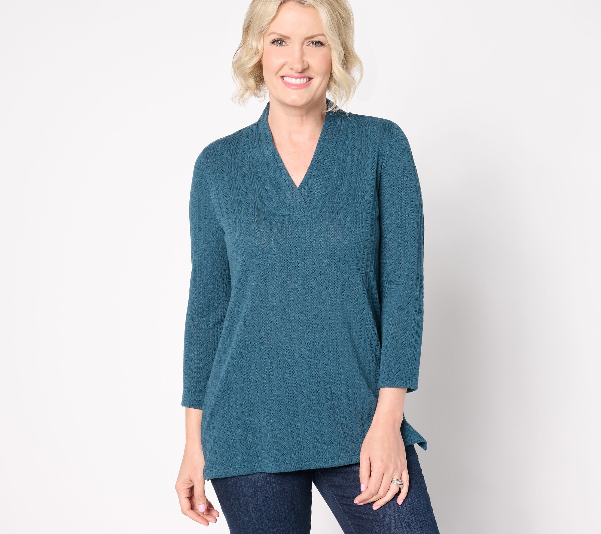 Belle by Kim Gravel Textured Cable Crossover V Neck Top