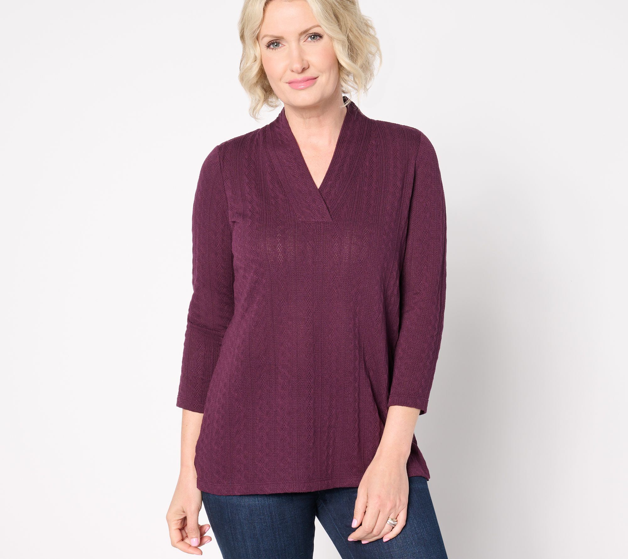 Belle by Kim Gravel Textured Cable Crossover V Neck Top