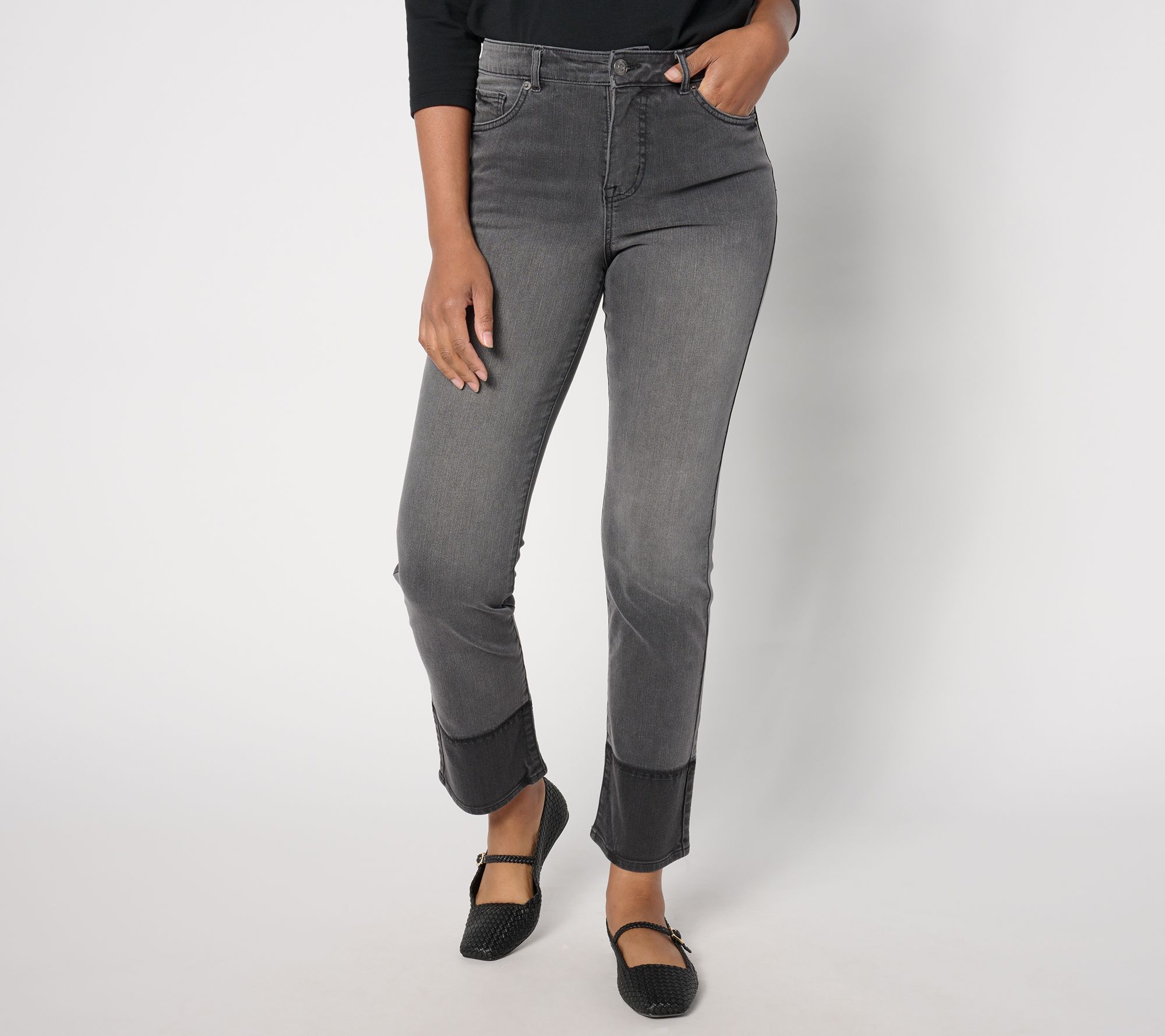 LOGO by Lori Goldstein Petite Jeans w Shadow Patch Cuff QVC