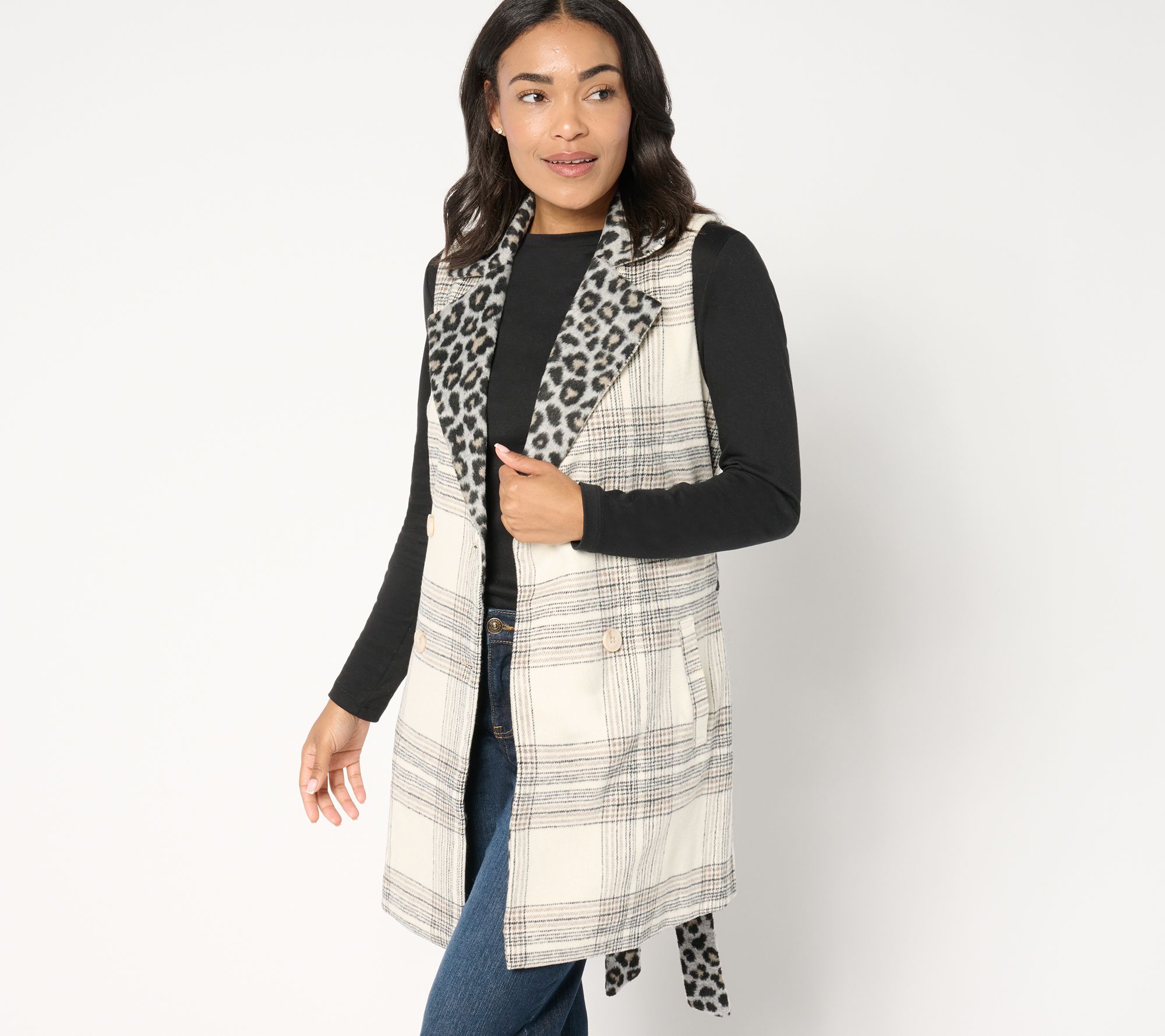 Susan Graver Petite Printed Double Breasted Vest with Tie