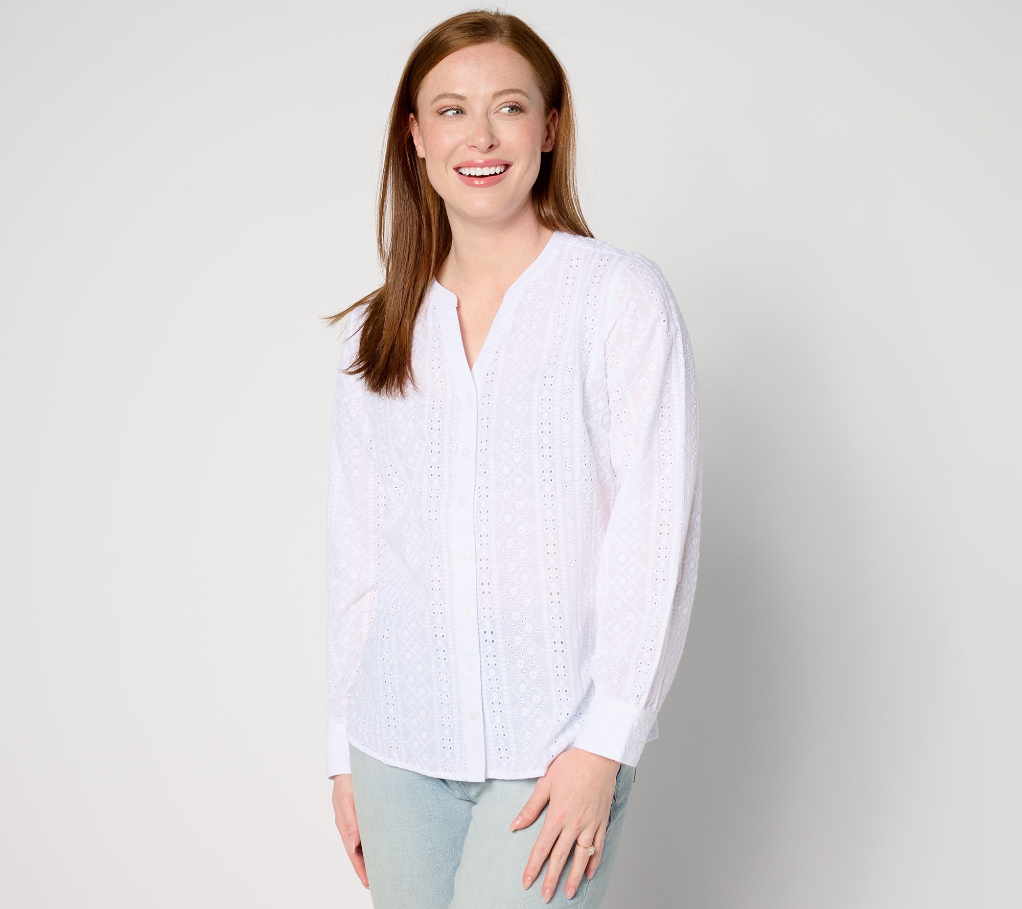 "As Is" Denim & Co. Cotton Eyelet Button Down Shirt