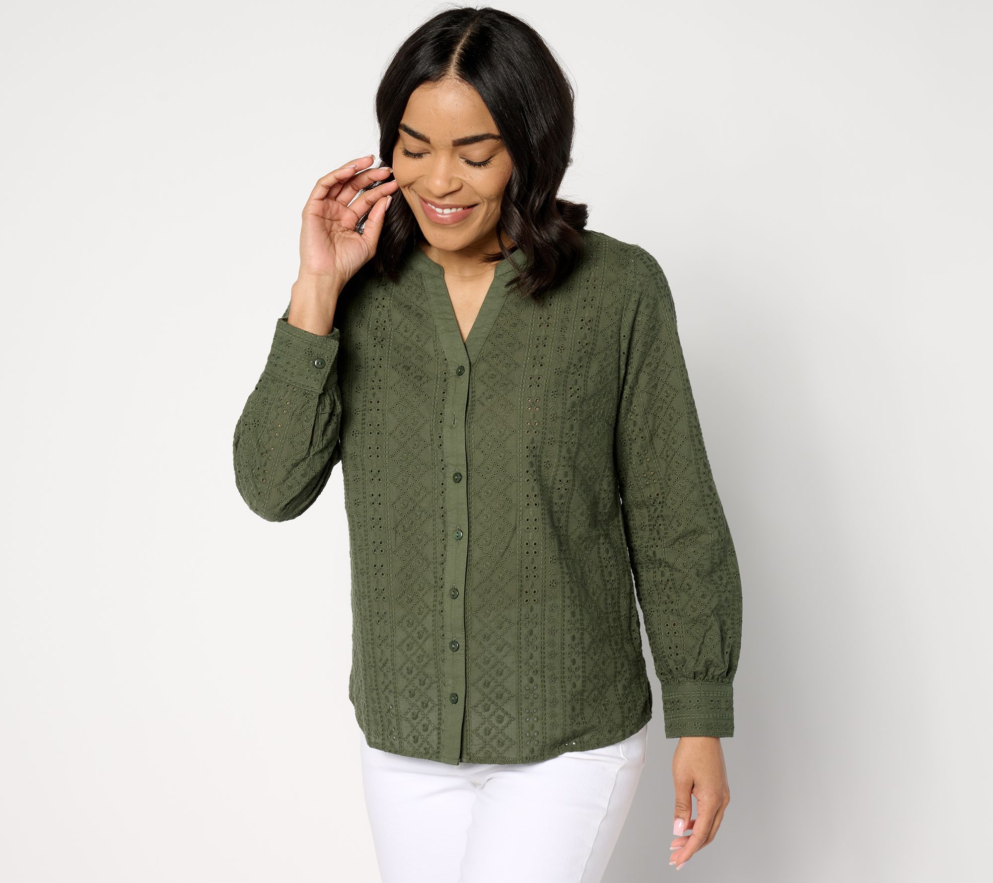 "As Is" Denim & Co. Cotton Eyelet Button Down Shirt