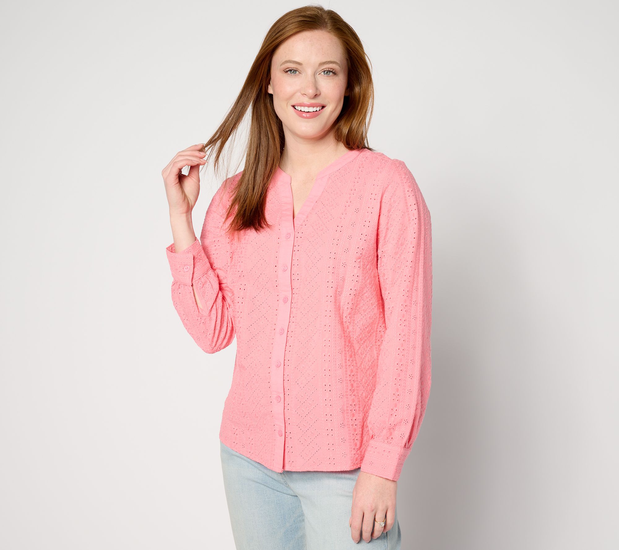 "As Is" Denim & Co. Cotton Eyelet Button Down Shirt