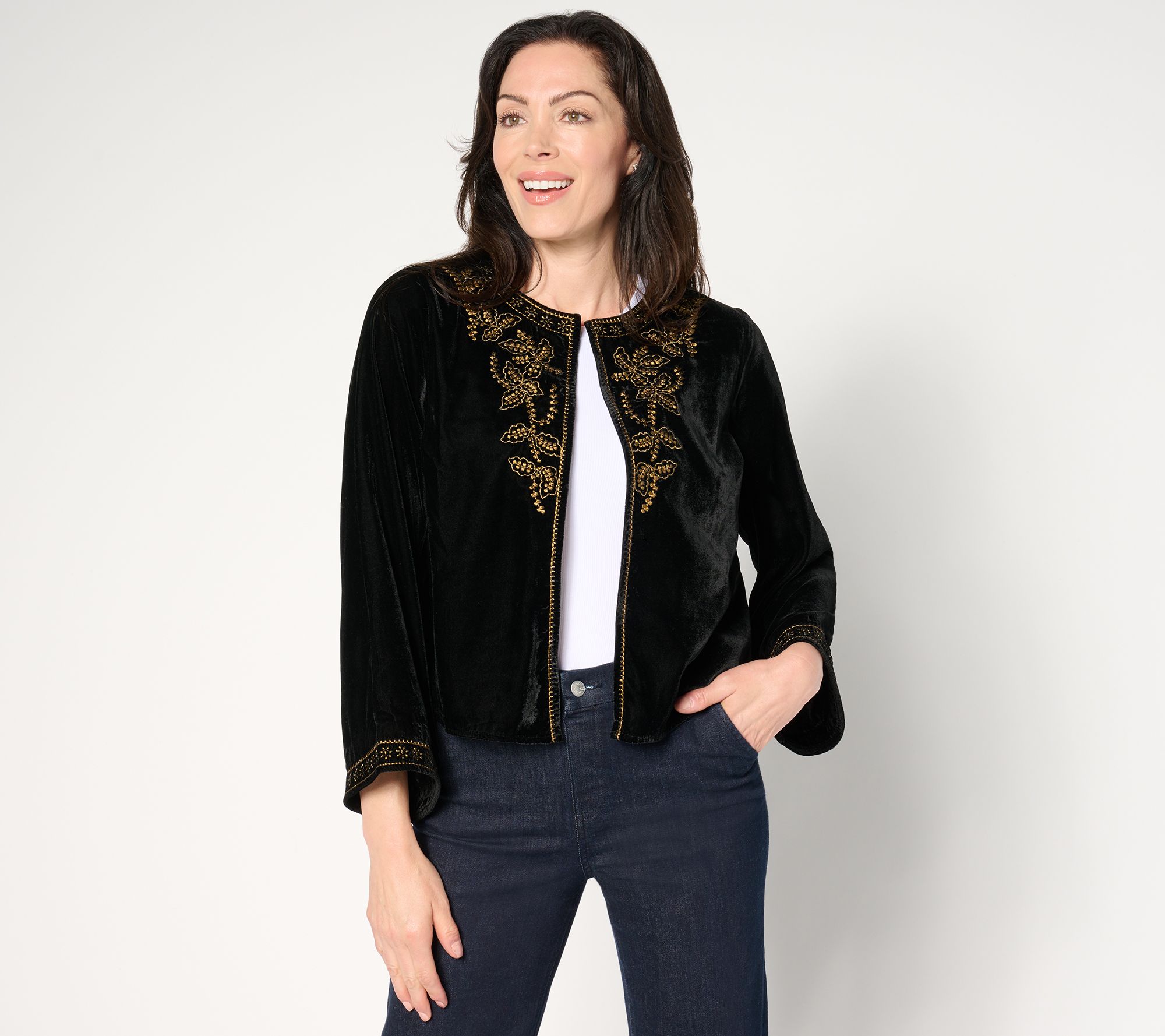 Destination 365 Embroidered Velvet Long Sleeve Topper - QVC.com