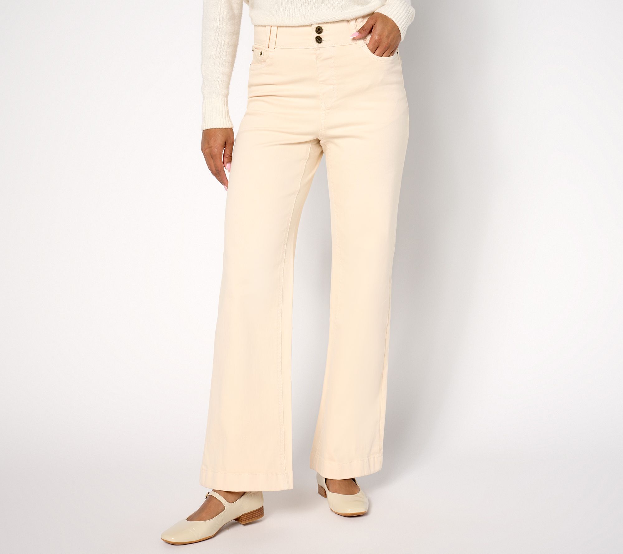 Denim & Co. Regular Color Easy Stretch Double-Button Wide-Leg Jeans