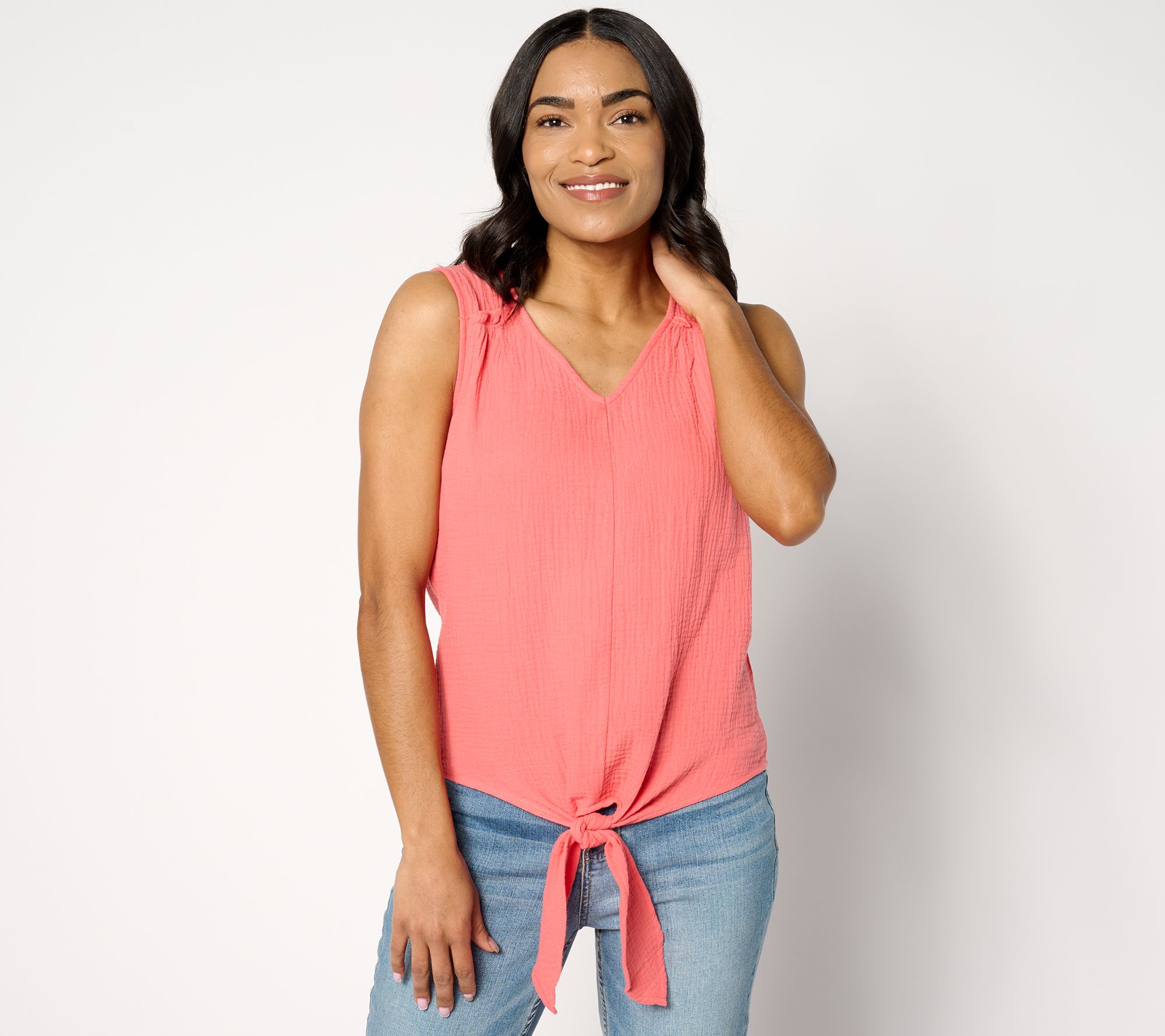 "As Is" Belle Beach by Kim Gravel Cotton Gauze Tie Front Tank w/ Ruffle